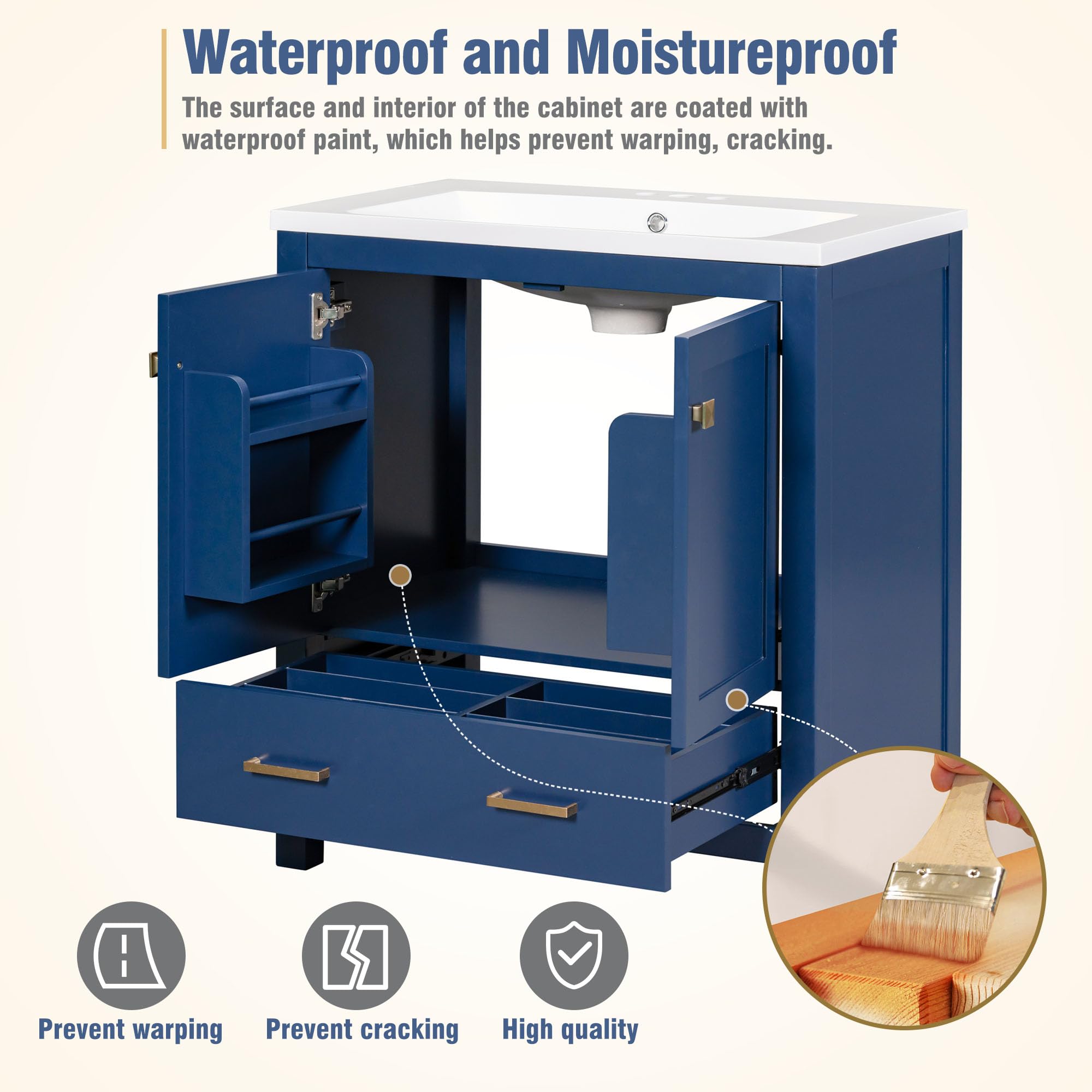30 Inch Navy Blue Merax Bathroom Vanity with Sink - 2 Door Storage Cabinet with Drawer, Multifunctional Bathroom Sink Cabinet (30