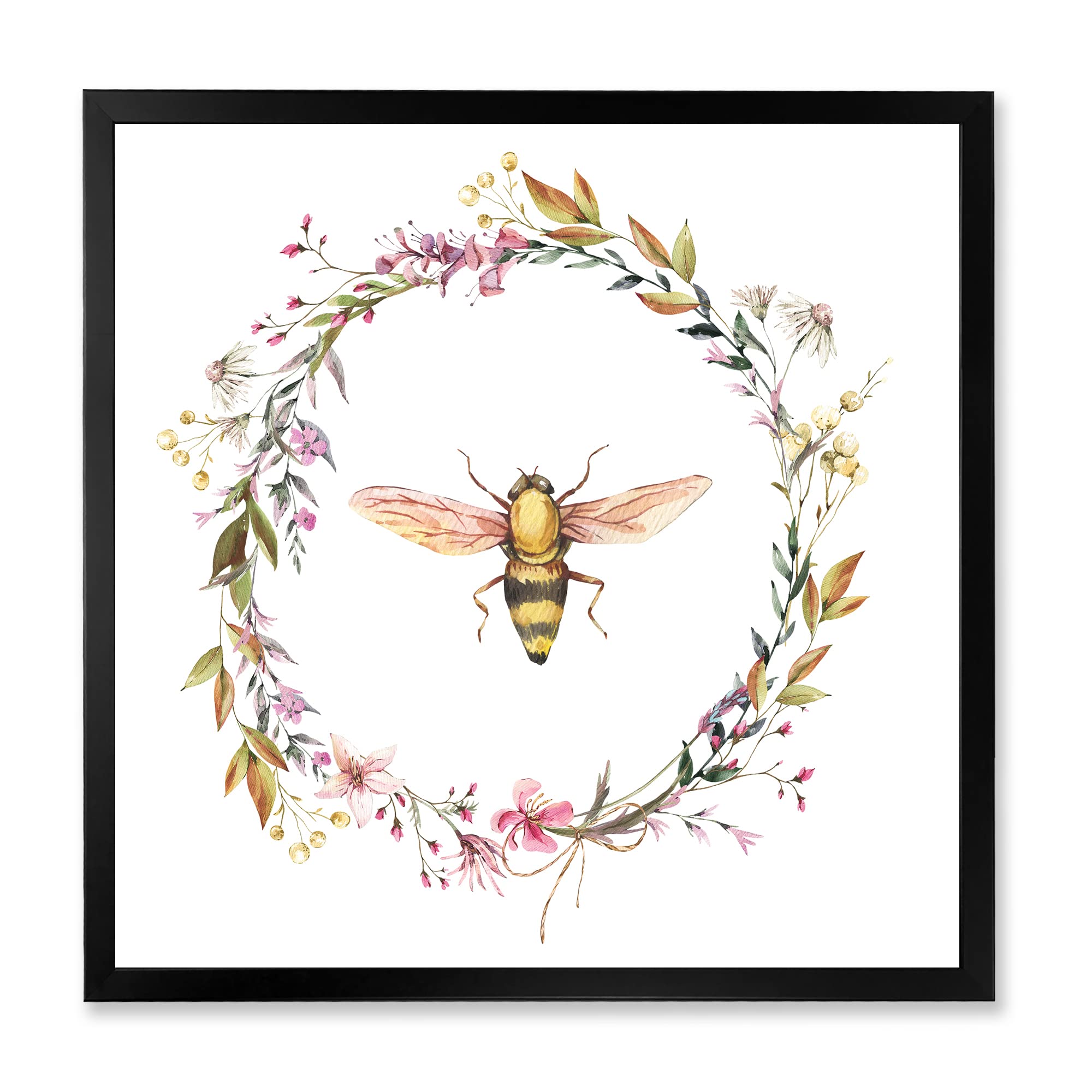 DesignQ Bee In Wildflowers Wreath Farmhouse Framed Wall Art - Rustic Home Decor for Living Room, Bedroom & Kitchen - Perfect Gift for Housewarming & Wedding