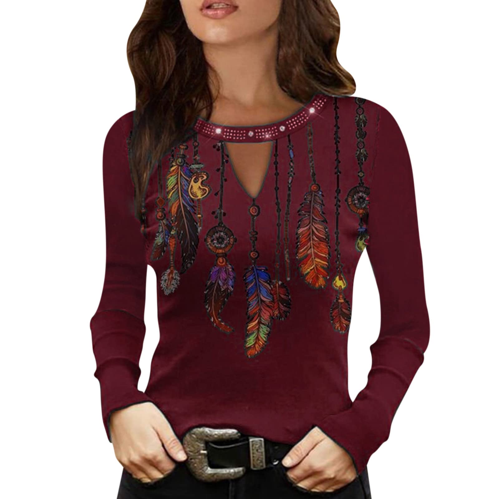 Women's Rhinestone Blouse Long Sleeve White T-Shirt - Elegant O-Neck Casual Top Pullover Tunic for Party, Date Night & Office Wear
