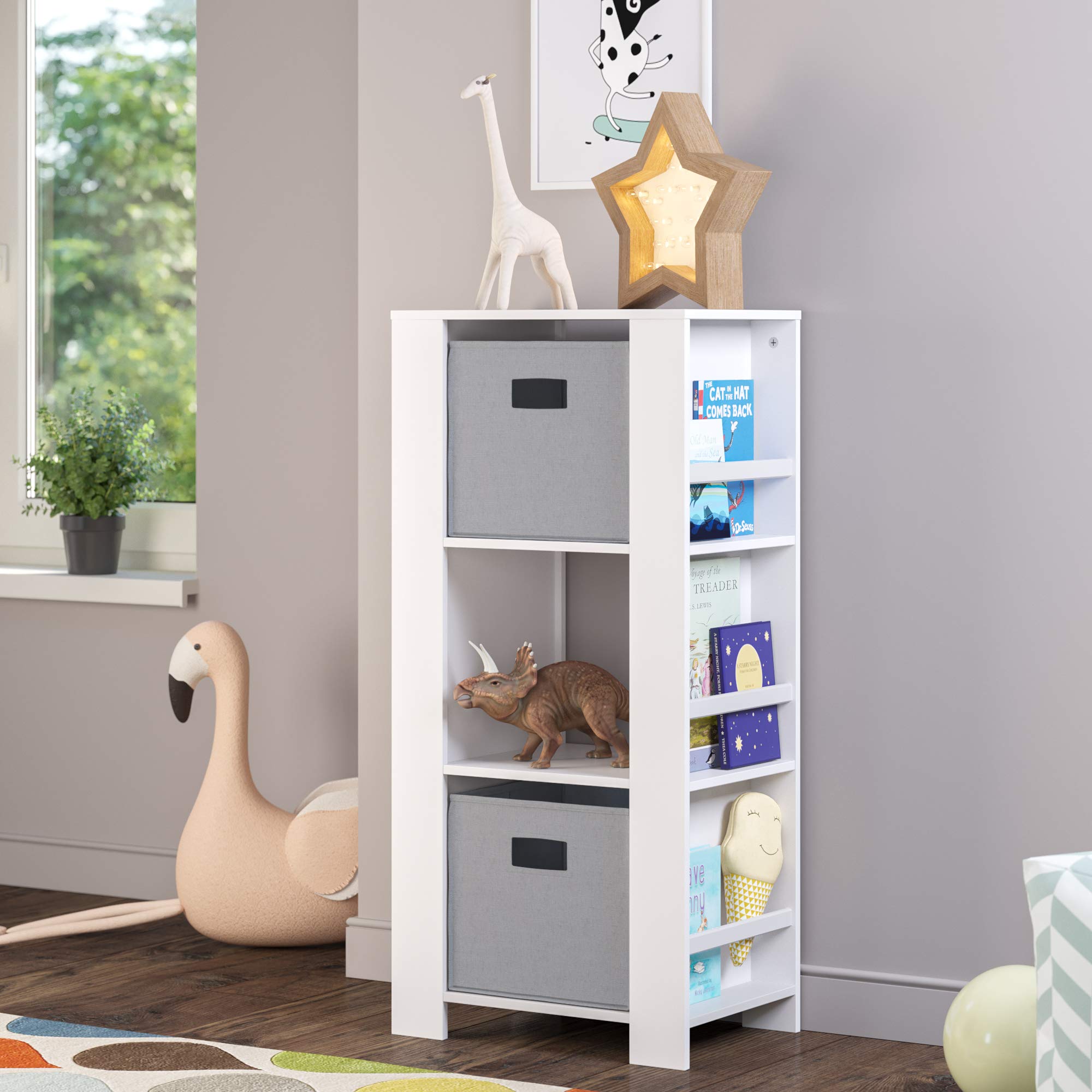 RiverRidge Kids Book Nook Tower - 3-Tier Bookshelf & Toy Storage Organizer with 6 Book Racks & 2 Gray Storage Bins | Perfect for Playroom, Nursery & Bedroom Organization | Space-Saving Kids Furniture for Books & Toys