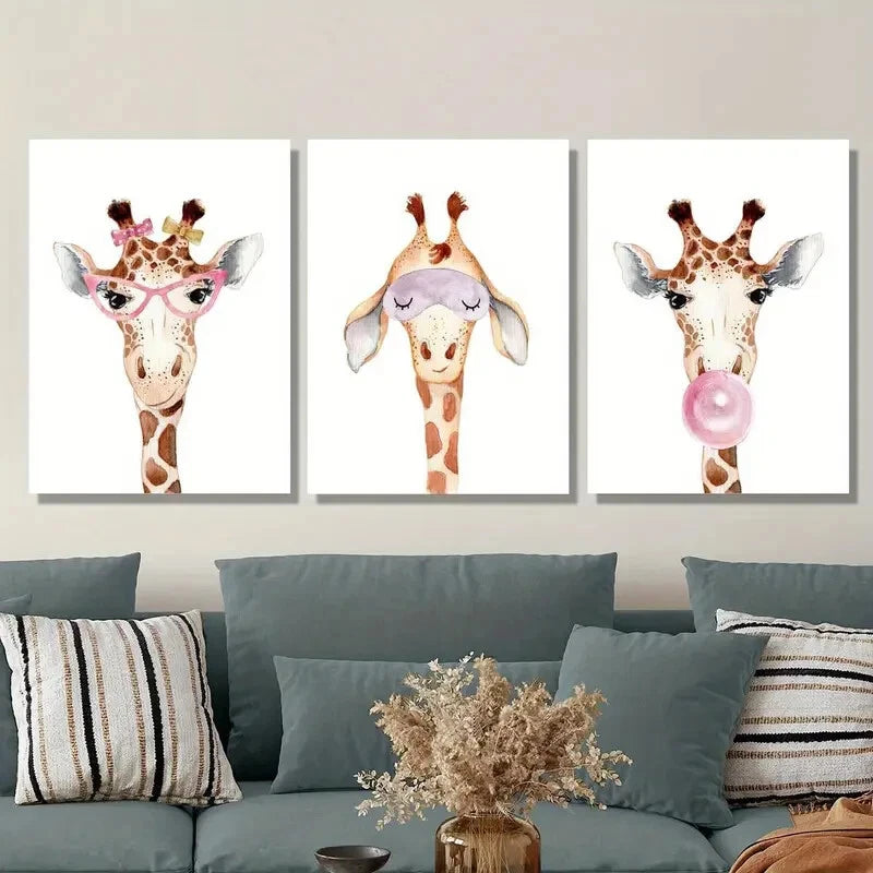 3pcs Funny Giraffe Watercolor Metal Wall Art - Ready to Hang Cartoon Animal Prints for Nursery, Kids Room & Home Decor