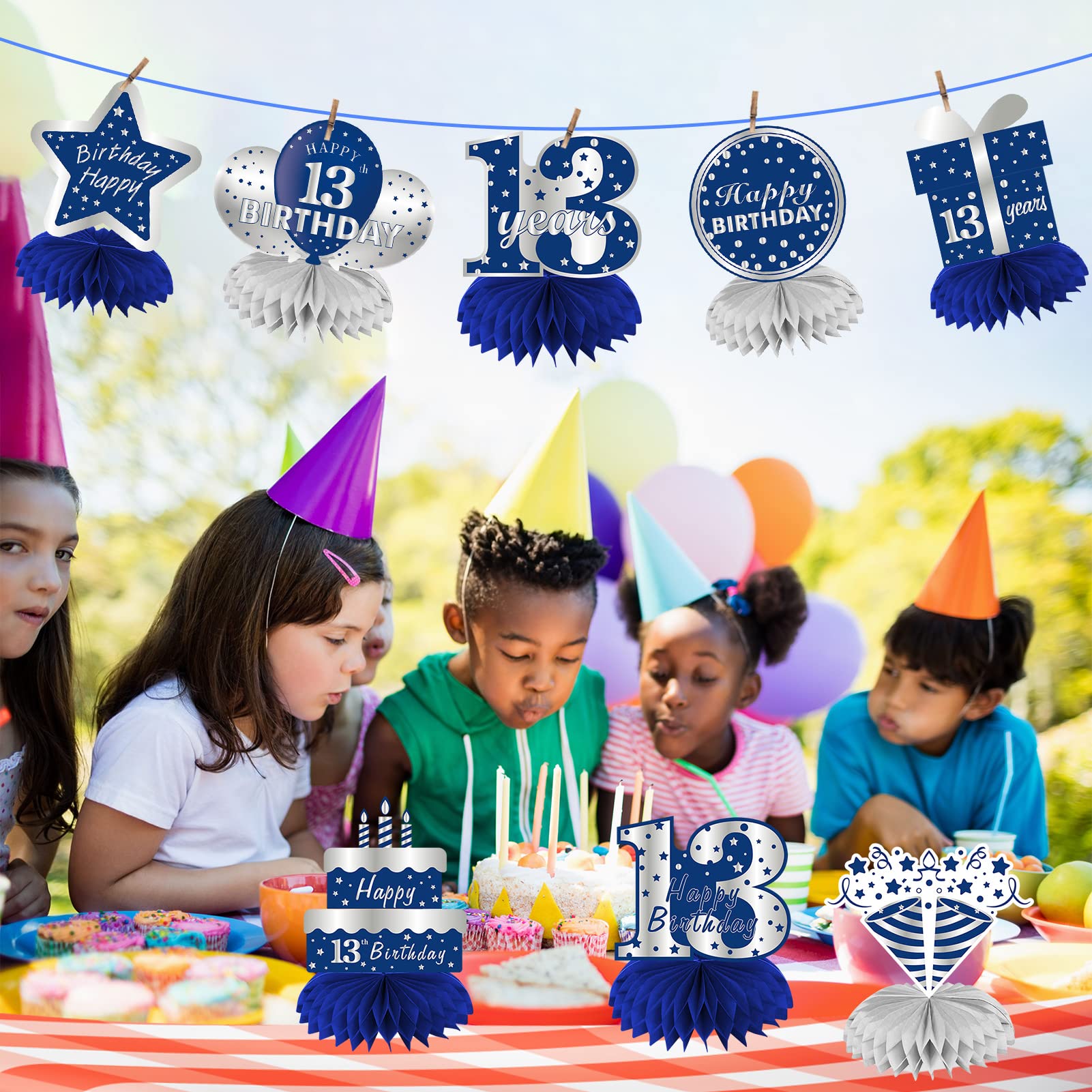 Kauayurk 8Pcs Blue Silver 13th Birthday Party Decorations Set - Honeycomb Centerpieces, Table Toppers & Party Supplies for Boys | Perfect for Teen Birthday Celebrations, Decorating Party Tables & Creating Festive Atmosphere