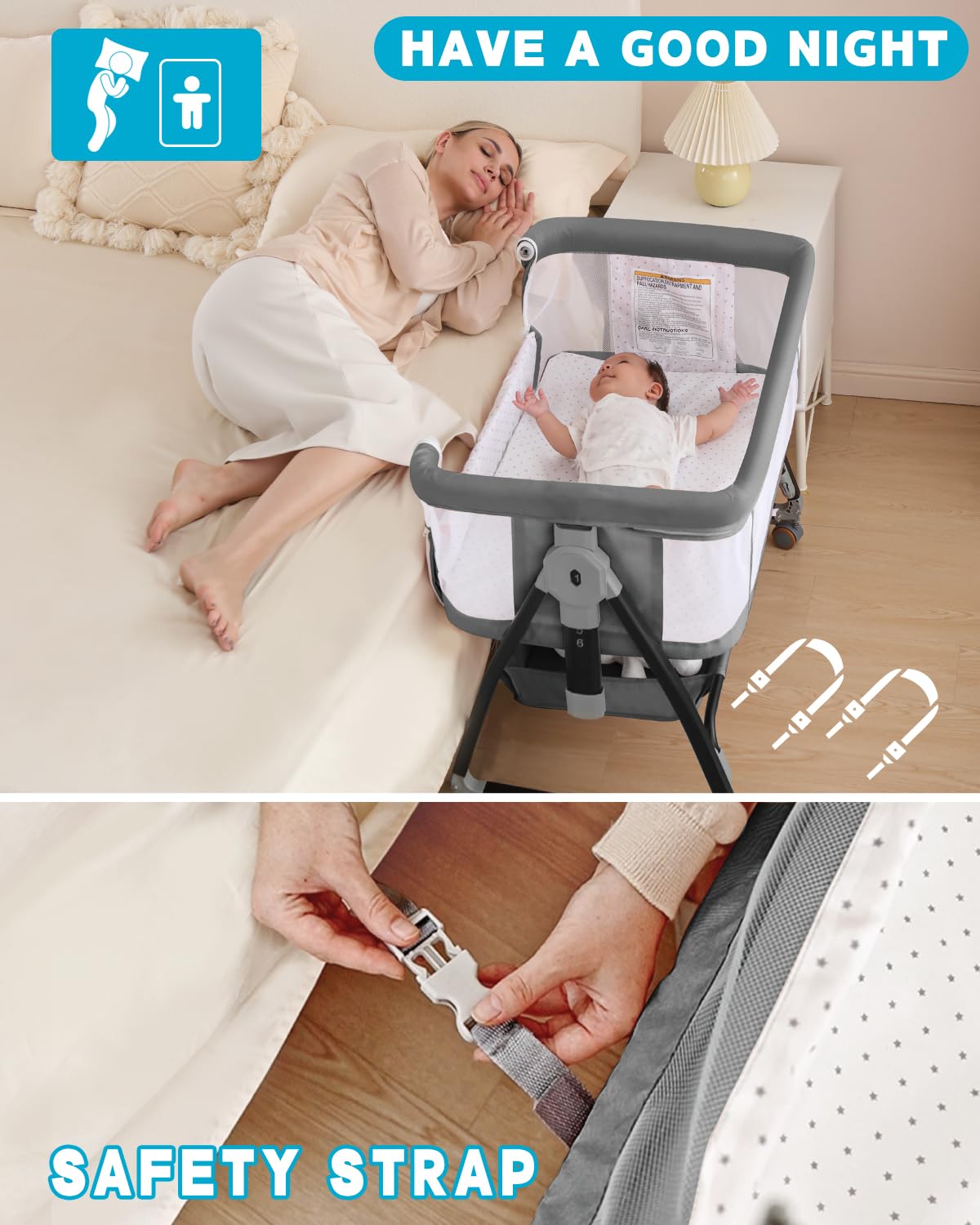 Portable Baby Bassinet with Wheels & Breathable Mesh - Adjustable Height, Foldable Design, Mosquito Net & Storage Basket - Perfect for Nursery, Bedside Co-Sleeping & Travel (Grey)