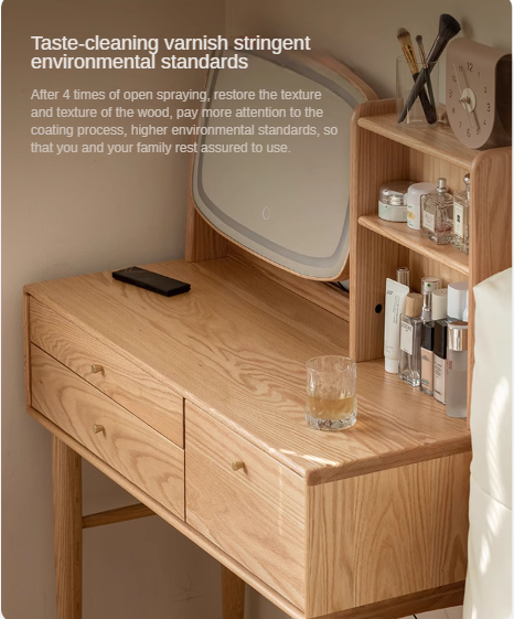 Solid Oak & Ash Wood Dressing Table with LED Lighted Makeup Mirror - Perfect for Bedroom Vanity, Makeup Application & Home Decor