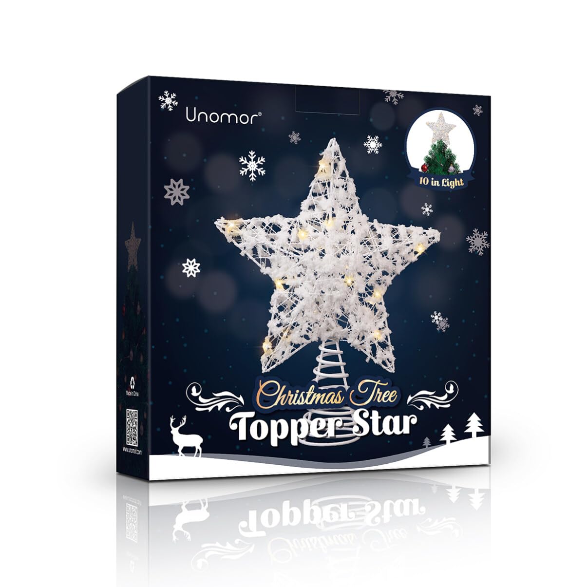 Unomor Christmas Star Tree Topper - 15 LED Lights with White Cotton Balls & Hollow Metal Design | Battery Operated Holiday Decor for Xmas Trees, Home, Party & Festive Celebrations