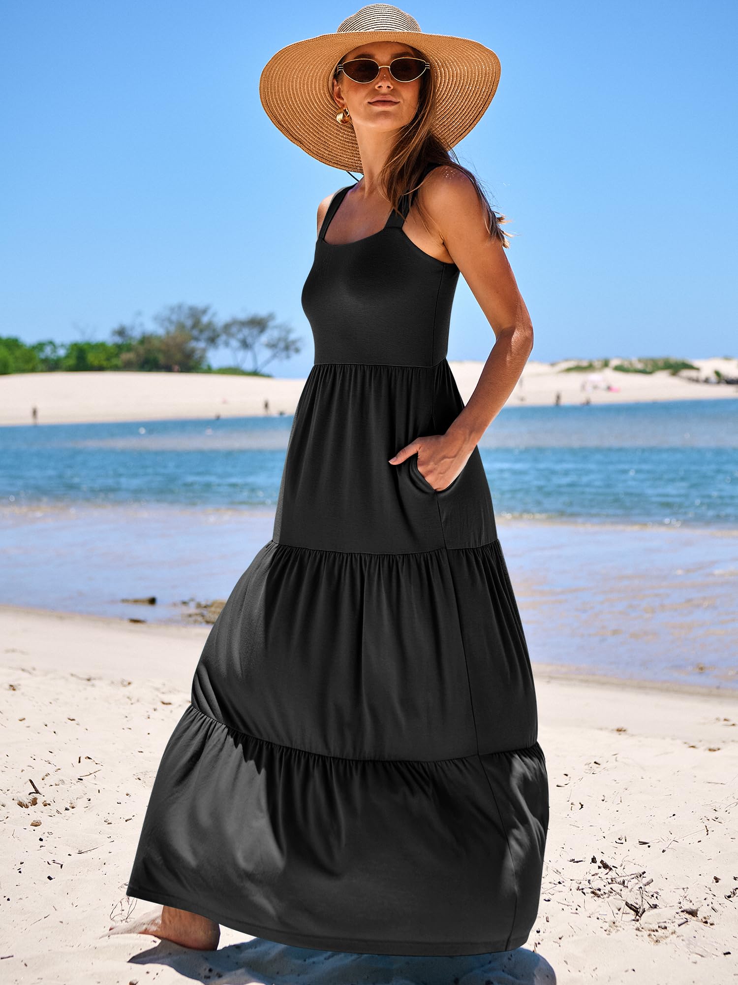 ANRABESS Women's Summer Maxi Dress - Sleeveless Square Neck Flowy Tiered Beach Dress with Pockets | Casual Long Sun Dress for Vacation, Pool Party, and Outdoor Date Night
