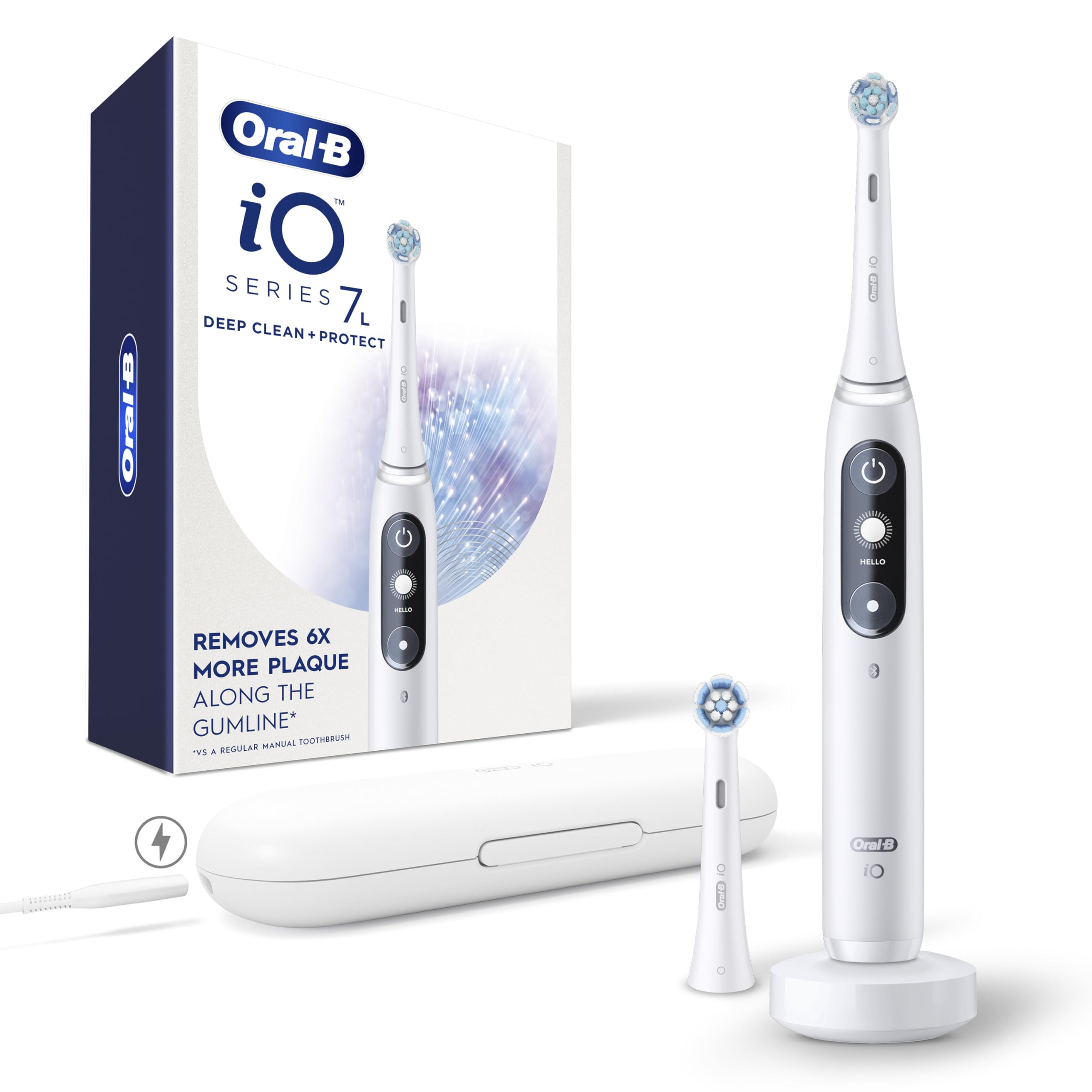 Oral-B iO Series 7L Electric Toothbrush - Rechargeable Power Toothbrush with 2 Brush Heads, Pressure Sensor & Travel Case | Amazon Exclusive White | Perfect for Travel & Daily Oral Care