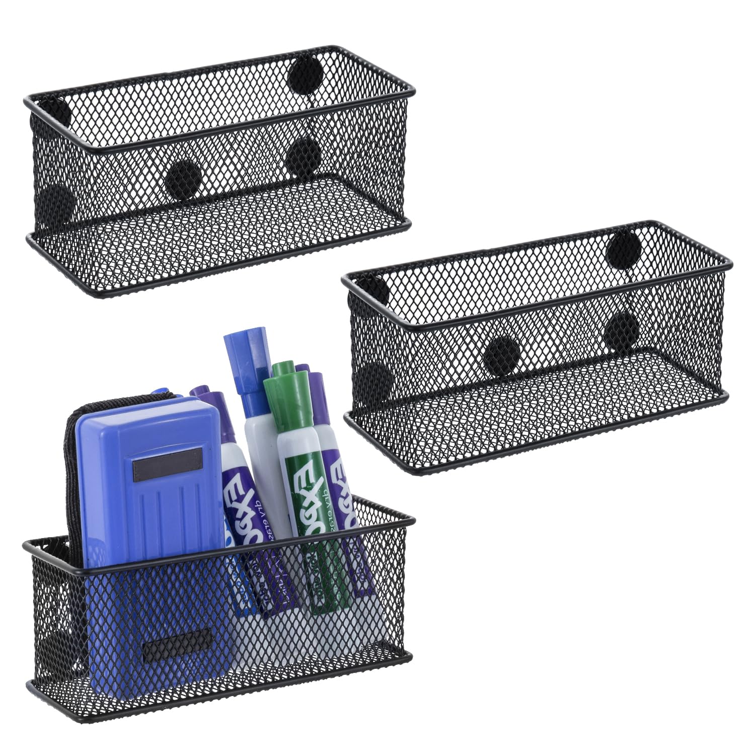 Magnetic Wire Mesh Marker Holder - 3 Pack Black for Whiteboard & Office Desk Organizer | Perfect for Pens & Pencils