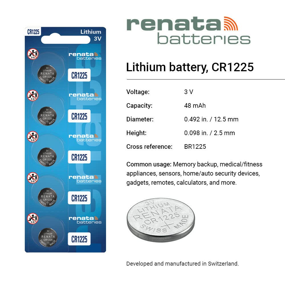Renata CR1225 3V Lithium Coin Cell Batteries (20 Pack) - Long-Lasting Power for Watches, Calculators, Key Fobs & Small Electronics
