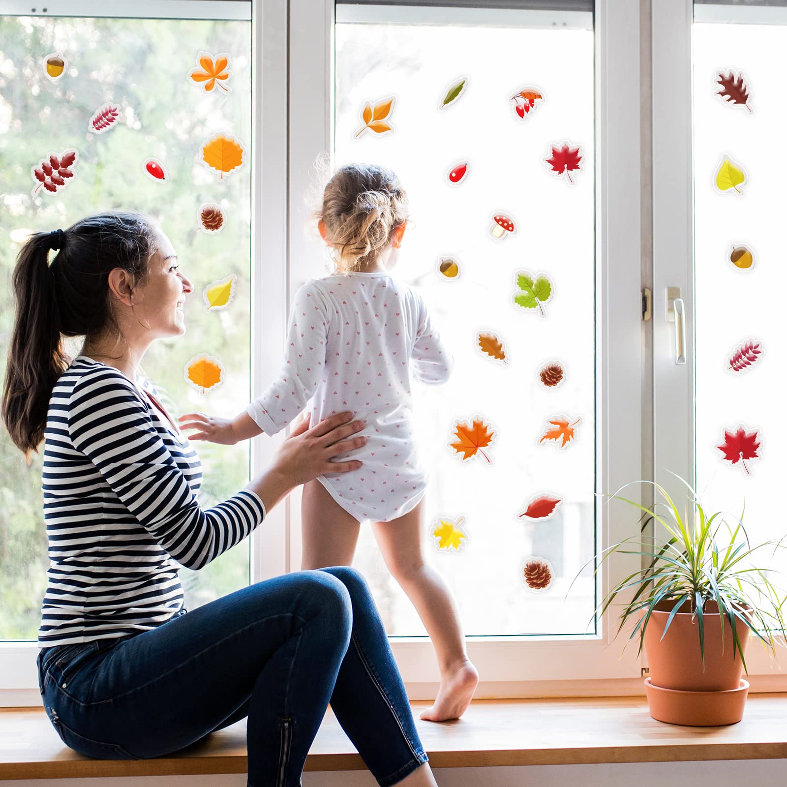 20 PCS Fall Gel Cling Leaves Window Decals - Thick Autumn Leaf Stickers for Kids, Adults, Home & Classroom Decor - Thanksgiving Party Supplies - Removable & Reusable (Perfect for Nursery, Airplane Windows & Seasonal Home Decor)
