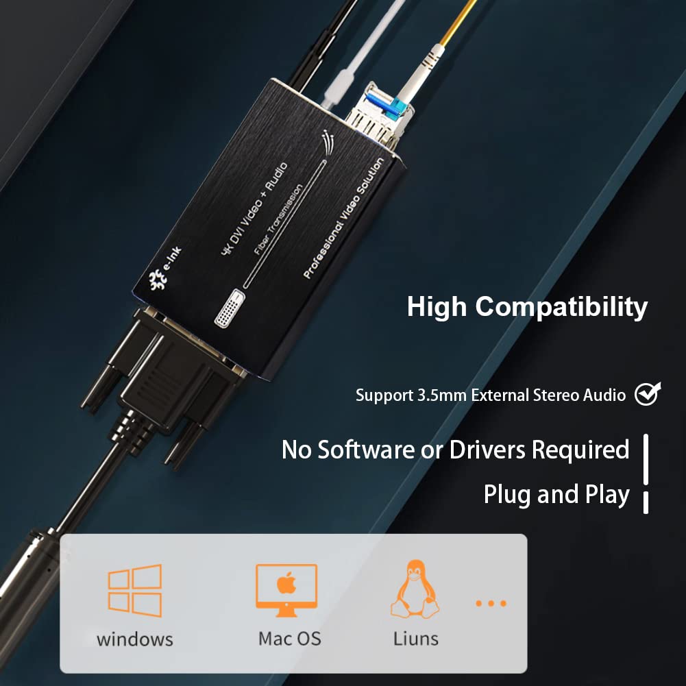 4K DVI Fiber Extender - Ultra HD DVI to Fiber Optic Converter, 20km Single-Mode DVI Video Transmitter with External Stereo Audio Support - Perfect for Long-Distance Digital Signage, Conference Rooms & Industrial Video Transmission