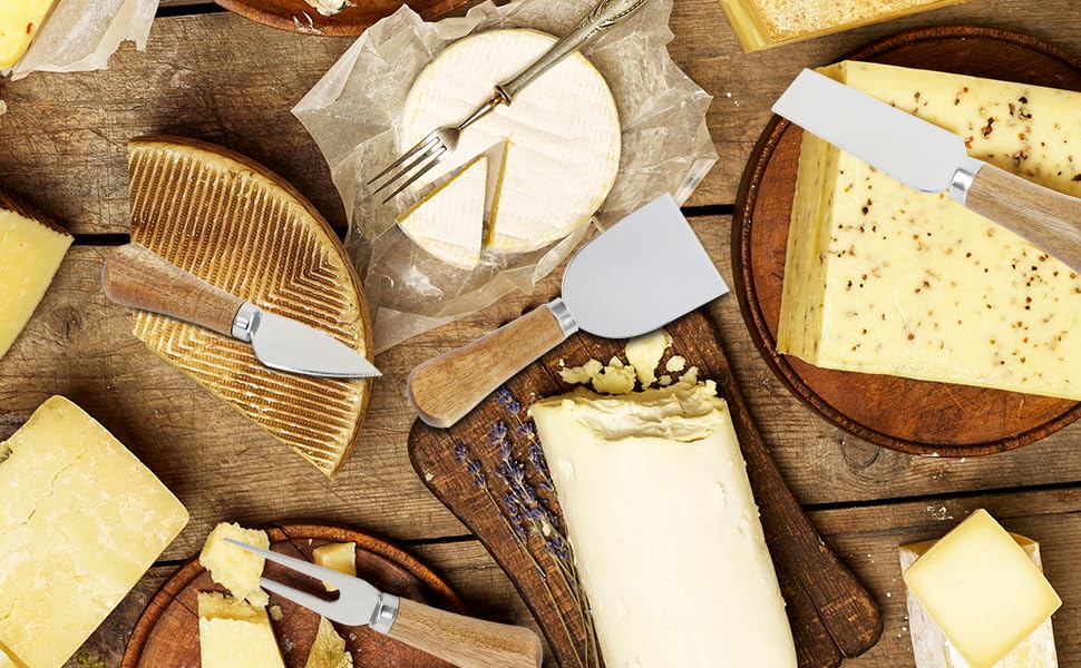 Premium Stainless Steel Cheese Knives Set with Wooden Handle - 6-Piece Charcuterie Board Accessories Kit Includes Mini Cheese Knives, Serving Tongs, Spoons, Forks & Toothpick Flags - Perfect for Party, Wedding, Christmas Cheese Platters & Charcuterie Boards