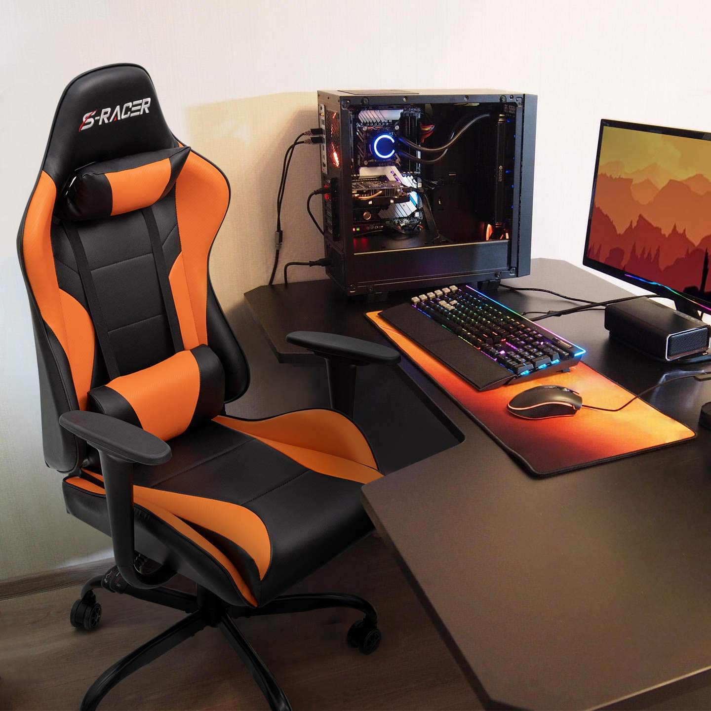 Homall Gaming Office Chair - High Back Ergonomic Computer Desk Chair with Adjustable Height, PU Leather, Headrest & Swivel for Adults (Orange) - Perfect for Gaming, Work & Home Office Use