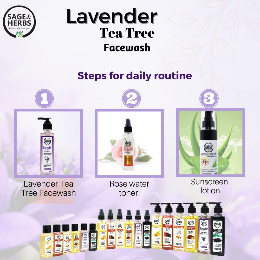 Sage & Herbs Natural Anti Acne Face Wash with Lavender & Tea Tree Oil - Reduces Acne, Pimples & Minimizes Pores - Gentle Cleanser for Oily & Sensitive Skin - Perfect for Daily Skincare Routine & Breakout Control (100ml)