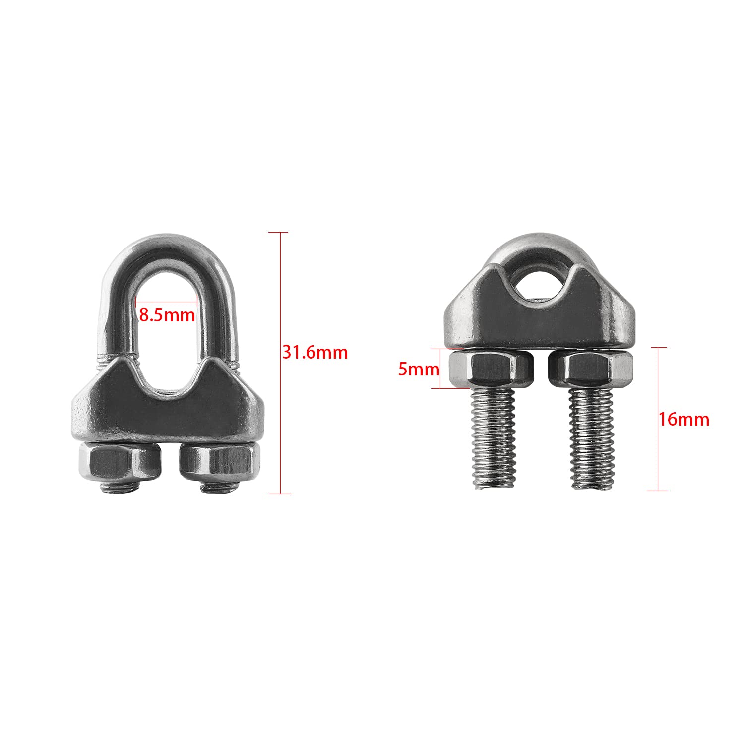 HSTECH 12PCS 1/4 Inch M6 304 Stainless Steel Wire Rope Cable Clamp Clips - Heavy Duty for Rigging, Guardrails, Load Securing, Banner & Flag Hanging - Outdoor & Marine Use