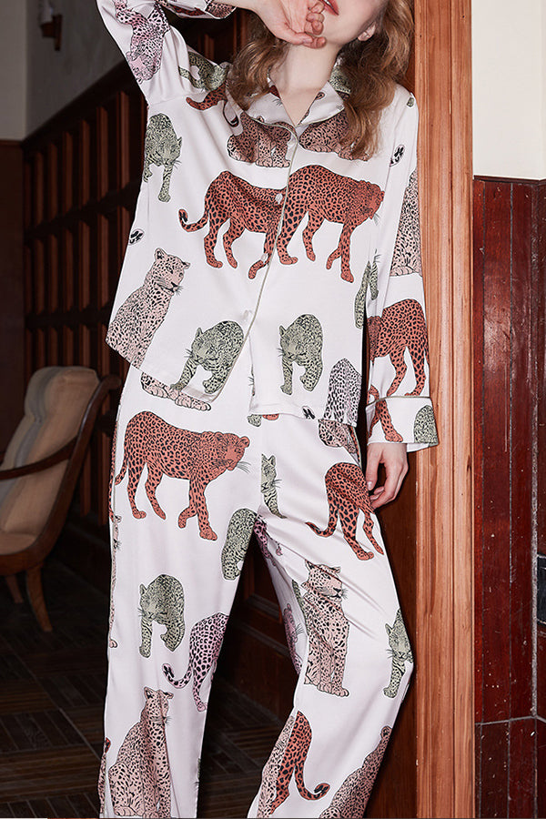 Stylish White Leopard Print Long Sleeve Two-Piece Loungewear Set - Cozy Home Outfit for Women | Perfect for Relaxing, Lounging & Casual Wear