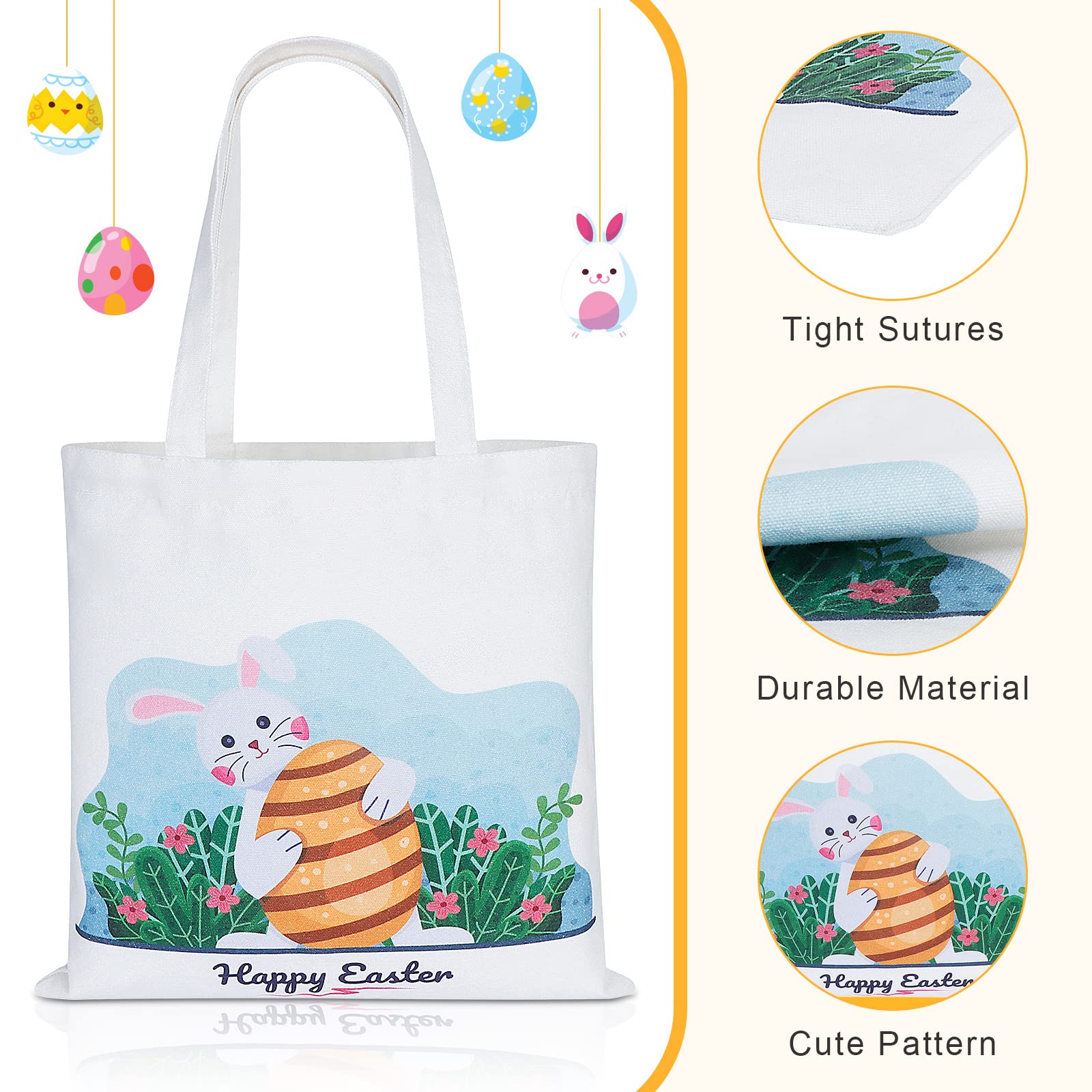AKEROCK 3-Piece Easter Tote Bags with Handles - Large Reusable Canvas Easter Baskets for Kids Egg Hunt, Easter Party Favors & Spring Gift Baskets