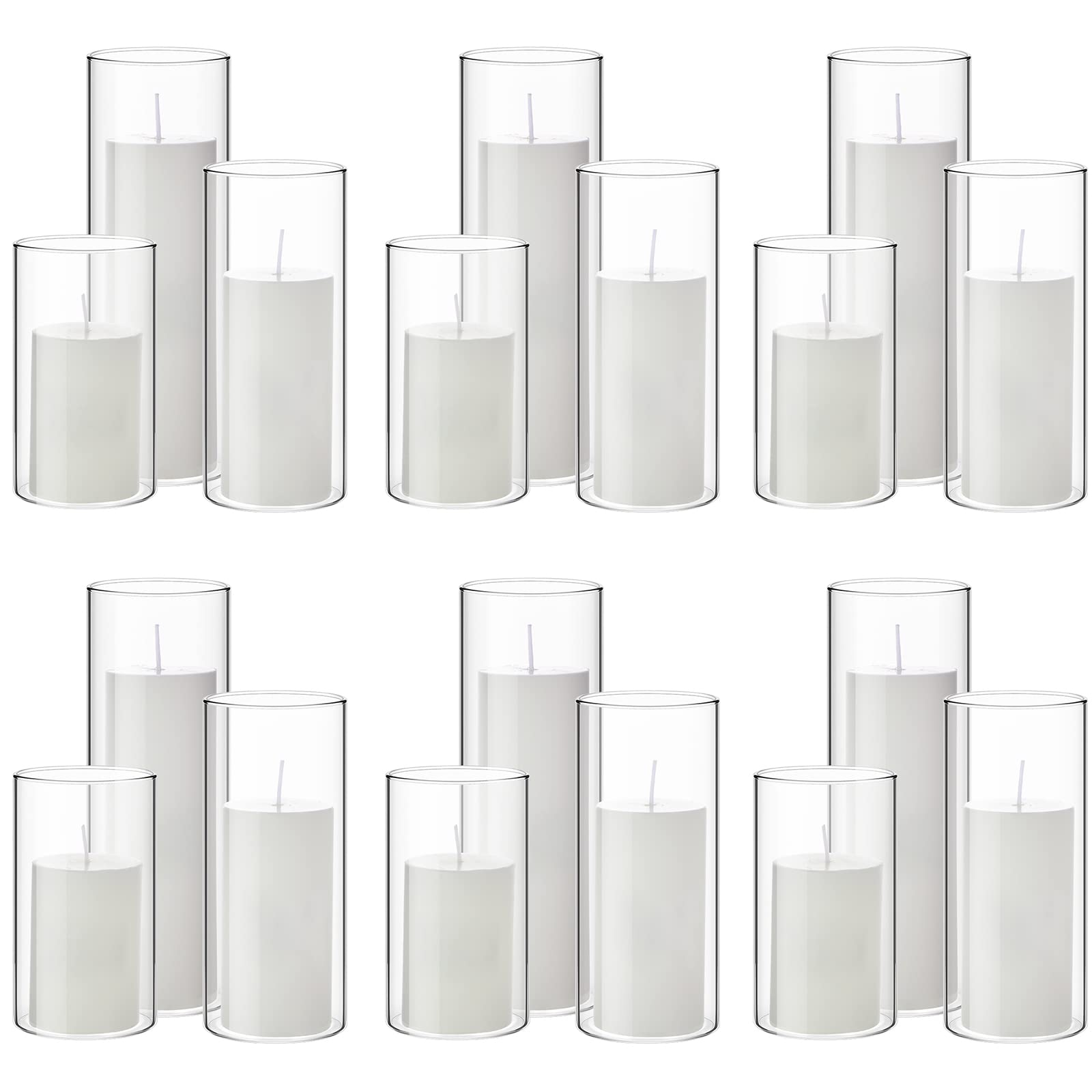 Shihanee 36-Piece Pillar Candle Set with Glass Cylinder Vases - 18 Sets (2.6'' x 4.7'', 5.9'', 7.9'') in Clear & White - Perfect for Wedding Centerpieces, Home Decor, and Romantic Ambiance Lighting