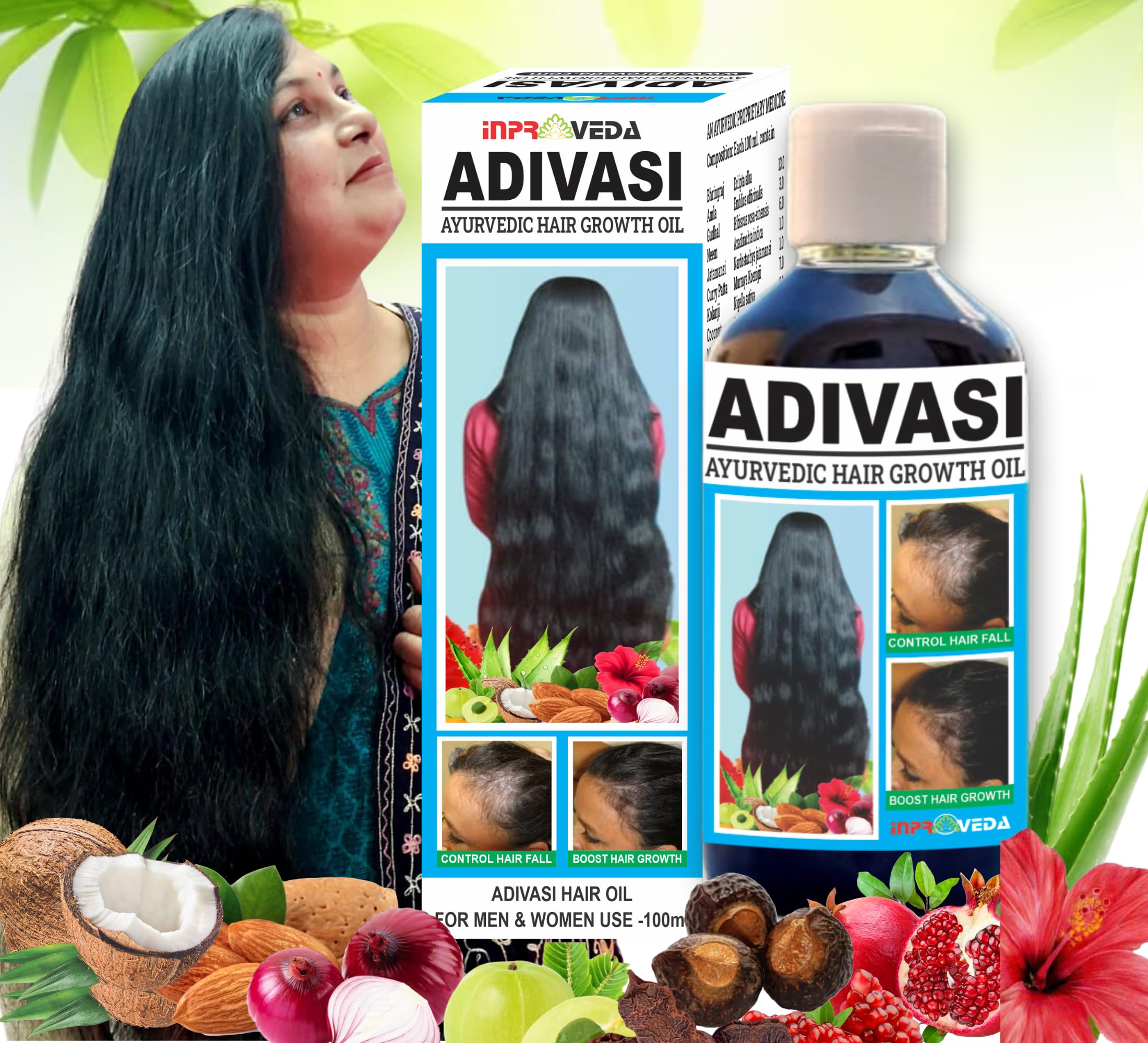 INPROVEDA Adivasi Herbal Hair Growth Oil - Controls Hair Loss, Strengthens & Repairs Frizzy Hair for Healthy Growth | 100ml | Natural Ayurvedic Treatment for Thicker, Longer Hair | Perfect for Daily Scalp Massage & Hair Care Routine