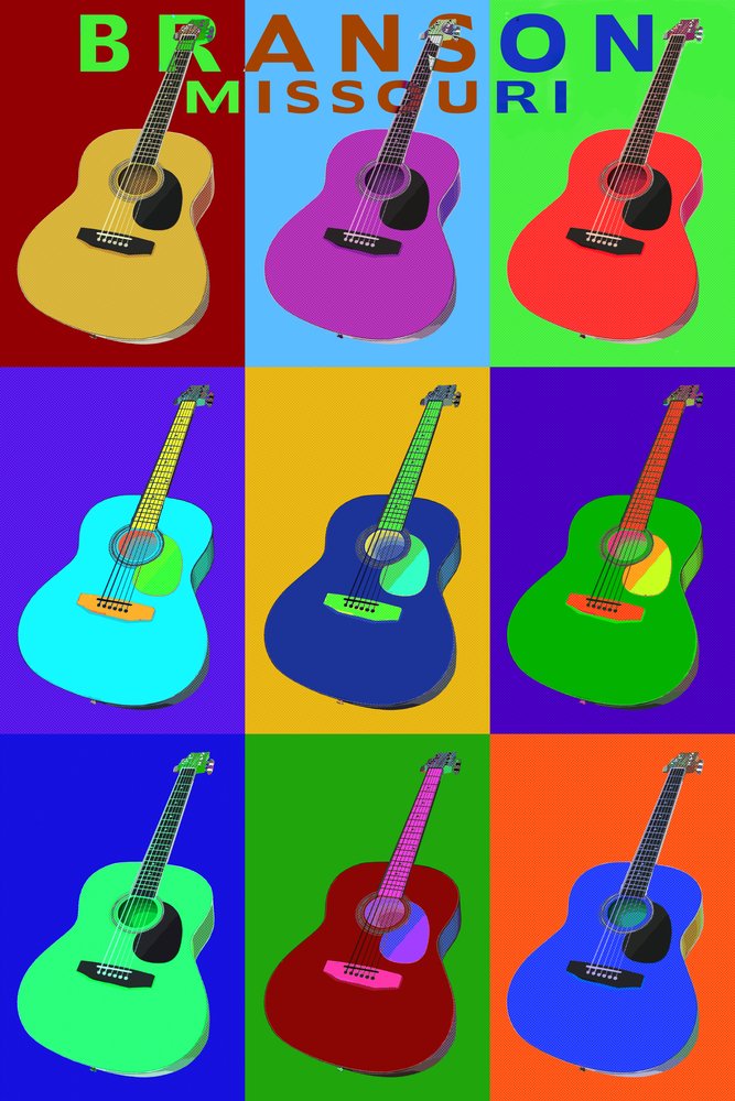 Branson Missouri Acoustic Guitar Pop Art Print - 24x36 Signed Wall Decor Poster for Music Lovers & Home Decor