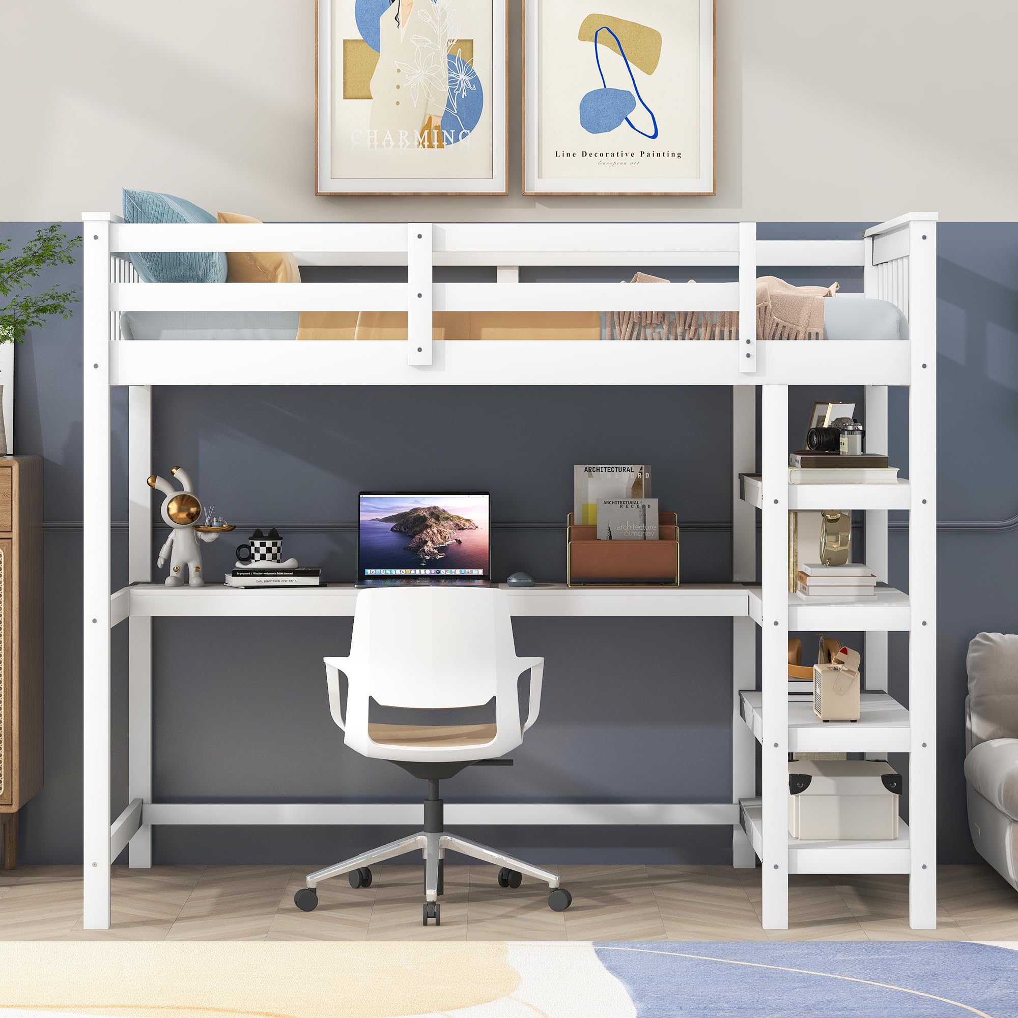 Merax Twin Size Wood Loft Bed with Built-in Desk & 4 Storage Shelves - Solid White Wooden Study Bed for Small Spaces, Dorm Rooms & Kids Bedrooms