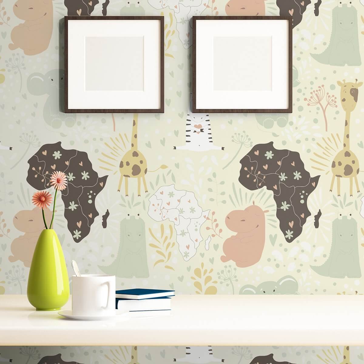 Pink and Green Animals Baby Peel and Stick Removable Wallpaper - Self-Adhesive Nursery Decor for Kids Room, Bedroom, Playroom