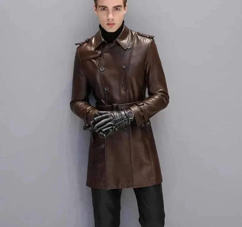 Premium Men's Genuine Leather Trench Coat - Classic Long Waterproof Windbreaker for Business, Dating & Outdoor Activities
