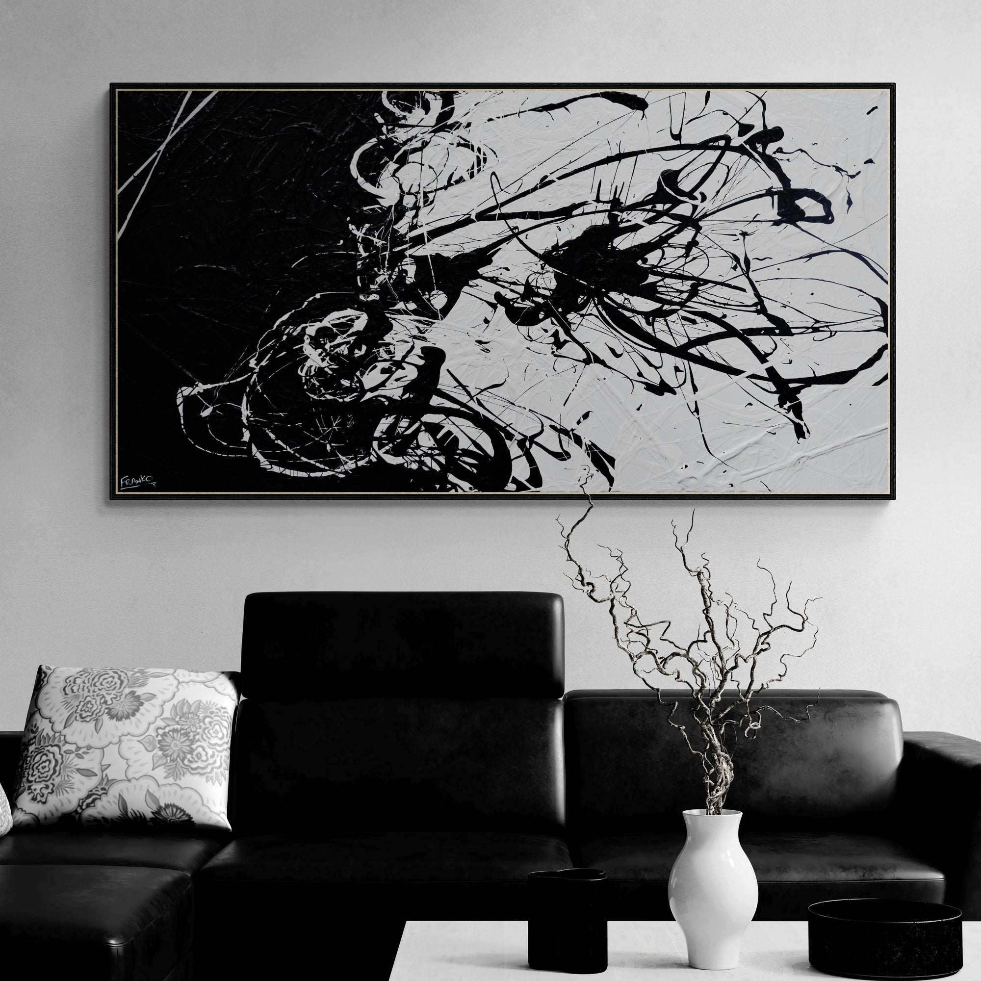 Negative Black 190cm x 100cm Abstract Textured Painting - Black & White Modern Wall Art for Living Room, Bedroom & Office Decor