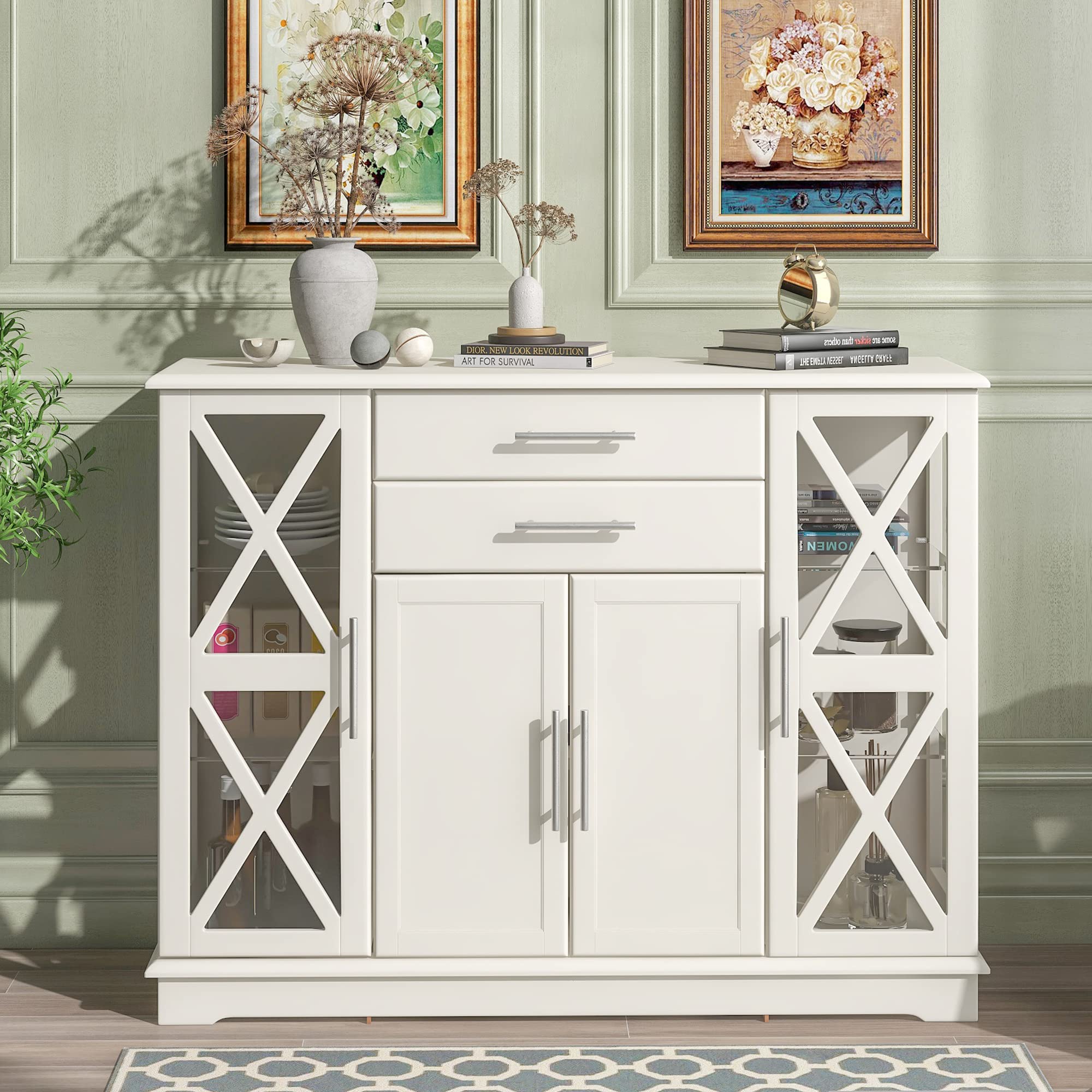 Glass Buffet Cabinet with 2 Drawers & Doors - Storage Sideboard for Dining Room