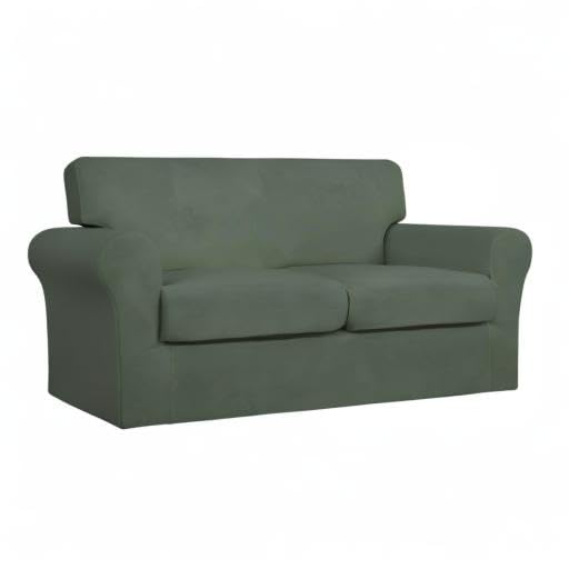 3-Piece Stretchable Dog Couch Cover - Washable Sofa Slipcover for 2-Cushion Couches - Elastic Pet & Kid Furniture Protector (Loveseat, Greyish Green, Medium) - Perfect for Pet Owners & Families with Kids