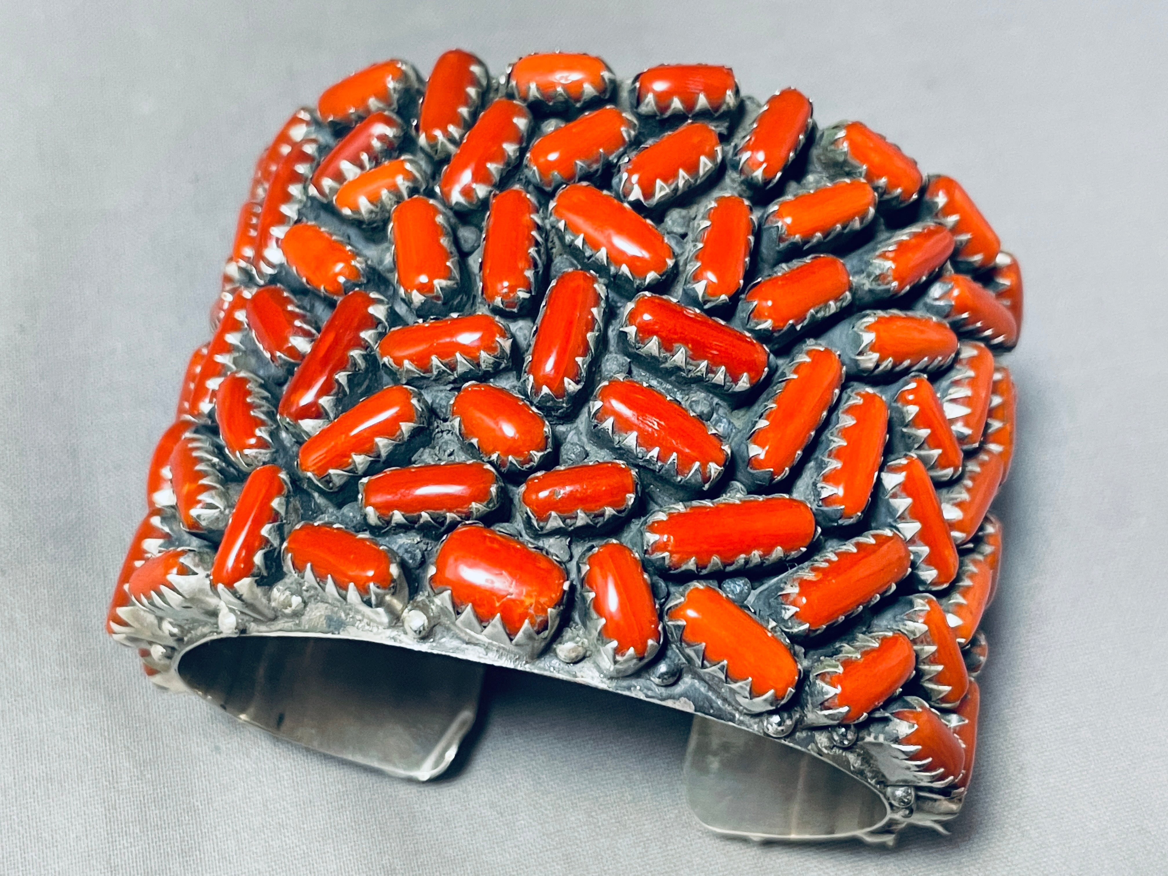 154 Gram Chunky Coral Native American Navajo Sterling Silver Wide Bracelet Cuff - Handmade Southwest Jewelry for Women, Boho Fashion Accessory, Perfect for Festivals & Special Occasions