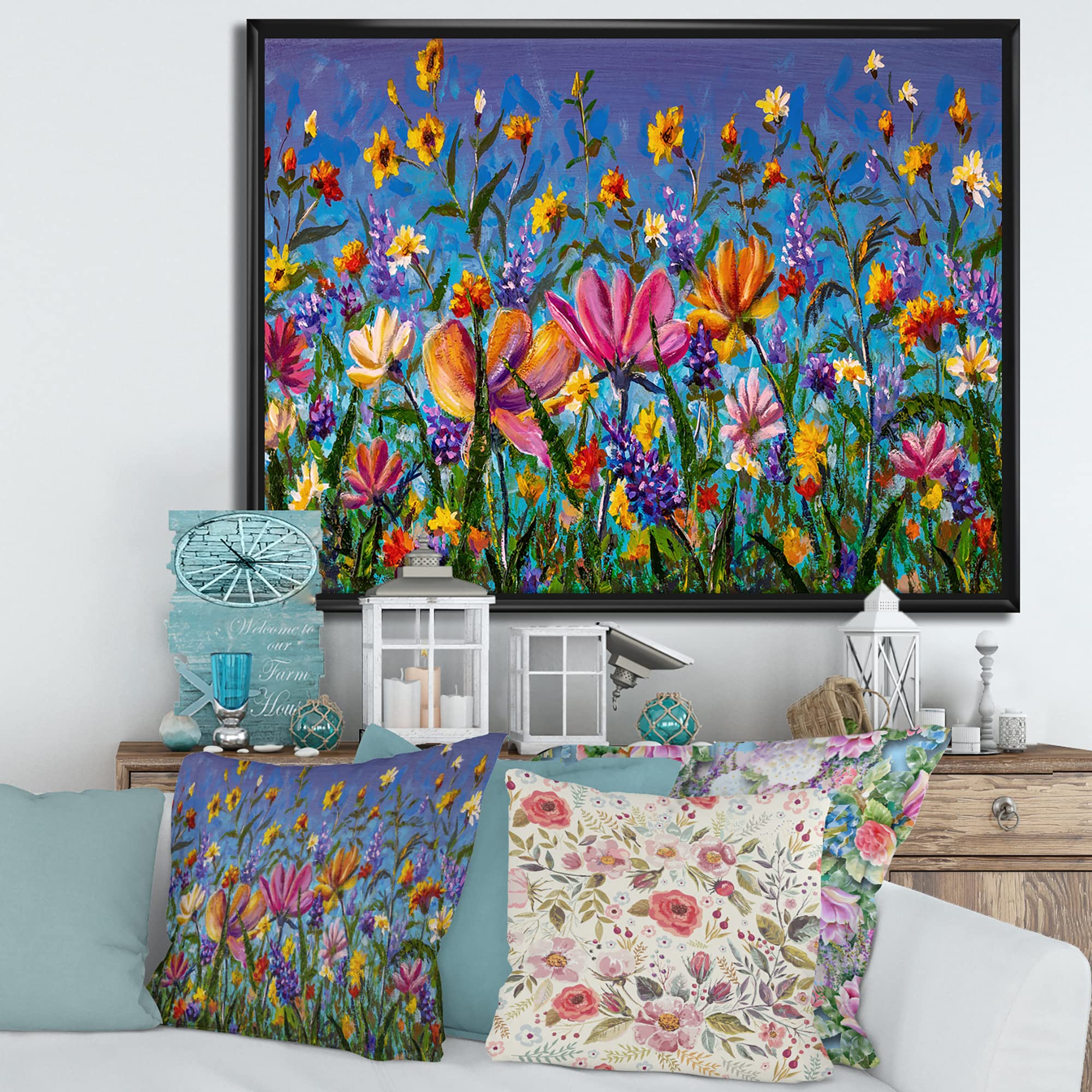 DesignQ Daisies and Wildflowers Summer Garden Canvas Wall Art Print - Traditional Framed Floral Painting for Living Room, Bedroom & Office Decor