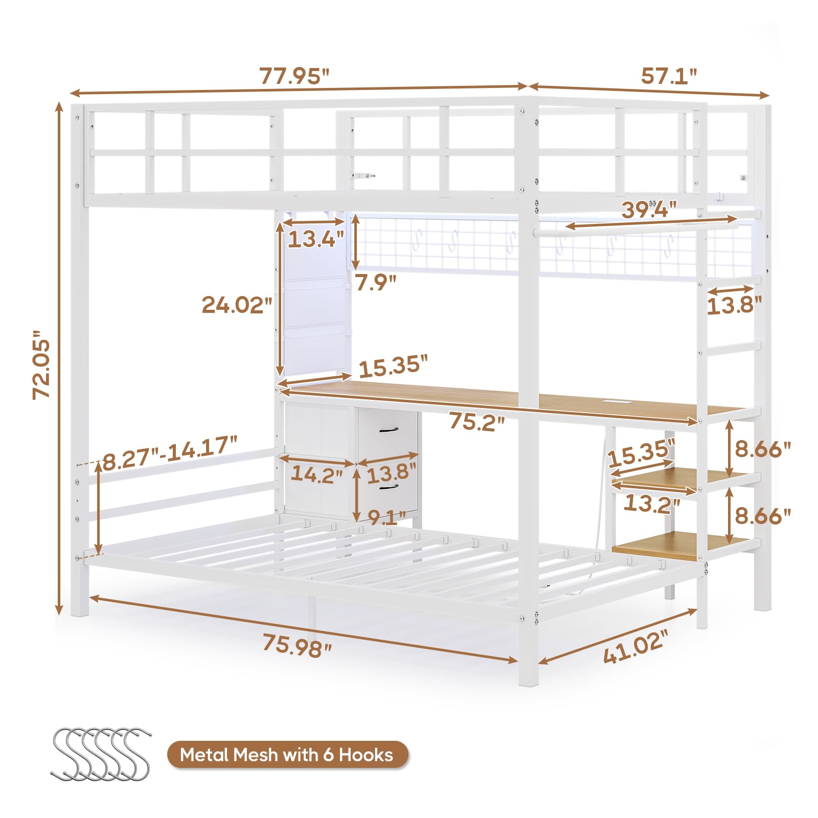 **Full Over Twin Bunk Bed with Desk & LED Lights - Metal Loft Bed Frame with Charging Station, Storage Shelves, Drawers - Safe for Teens & Adults - No Box Spring Needed - White - Perfect for Small Rooms, Dorms & Apartments**