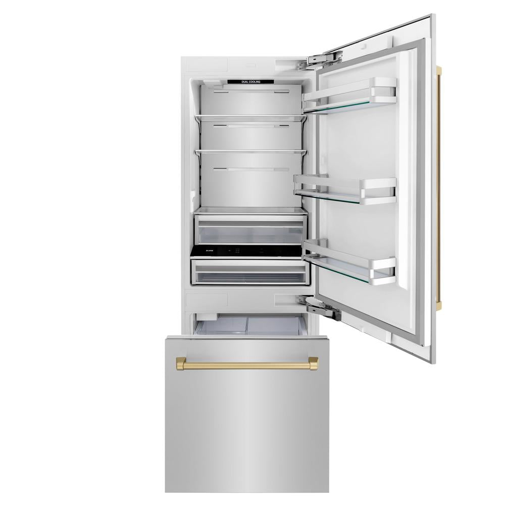 ZLINE Autograph Edition 30 Inch Built-In Bottom Freezer Refrigerator - 16.1 cu ft Stainless Steel with Champagne Bronze Accents - Water Dispenser & Ice Maker - Perfect for Modern Kitchens & Open Concept Homes (RBIVZ 304 30 CB)