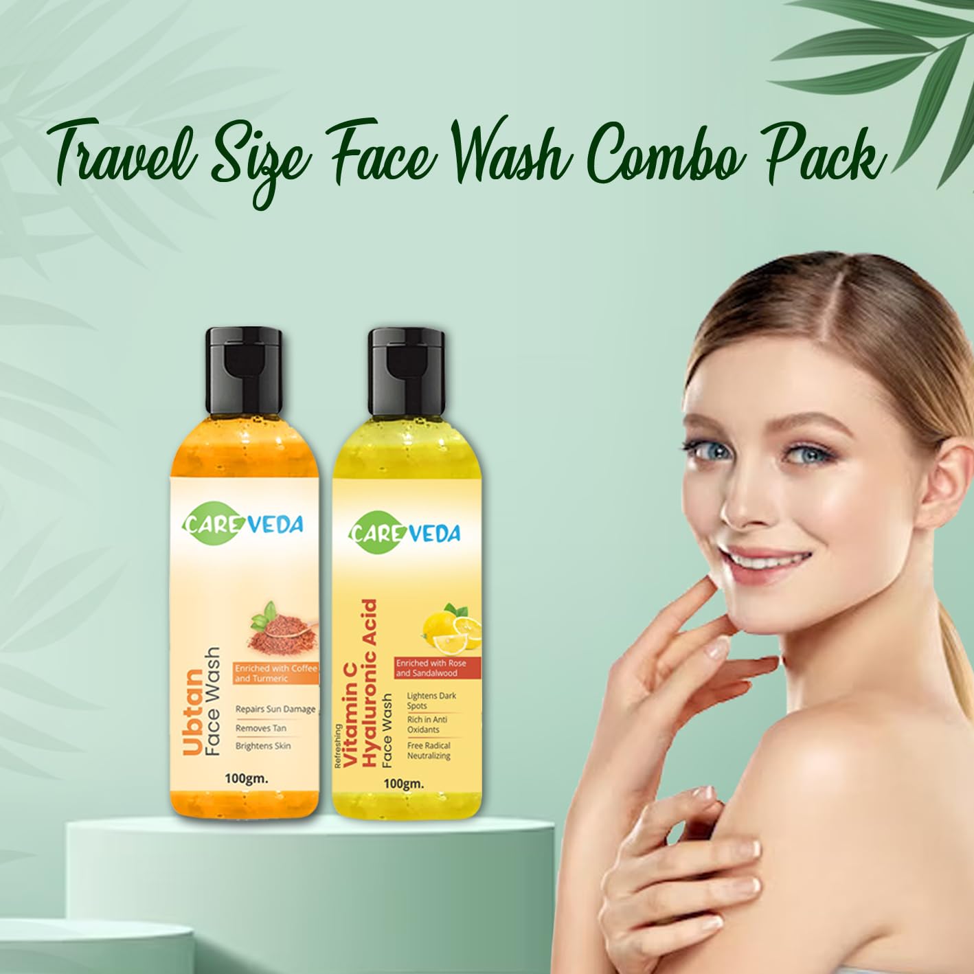 CareVeda Ubtan Face Wash & Vitamin C & Hyaluronic Acid Face Wash Combo Set - Brightening & Hydrating Facial Cleanser for Glowing Skin - Perfect for Daily Skincare Routine & Acne-Prone Skin