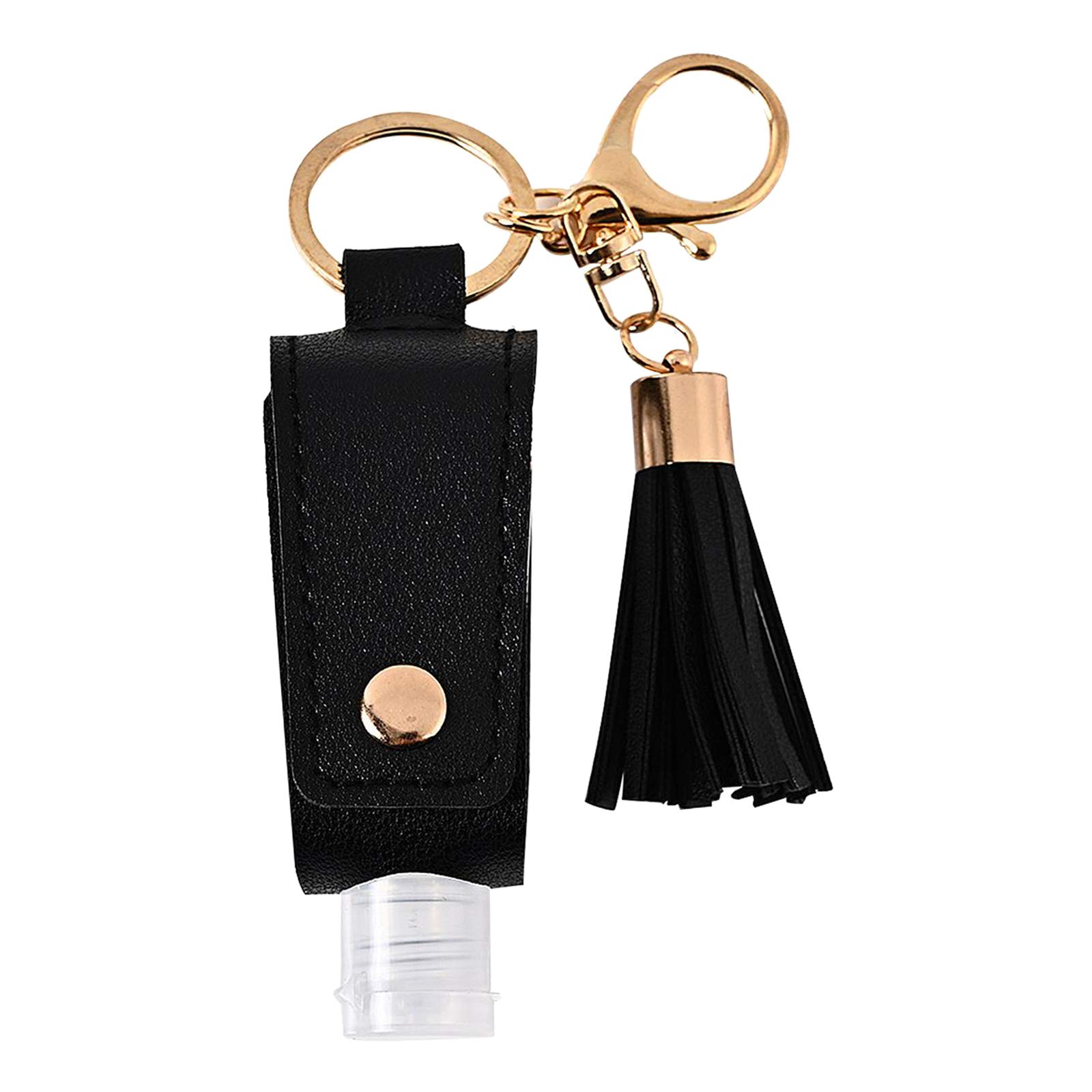 30ML Refillable Travel Bottles Keychain Holder - Empty Squeeze Bottles for Hand Sanitizer, Essential Oils & Cosmetics | Leather Keychain with Tassel | Portable Sanitizer Carrier for Purse, Gym & Travel (Black)
