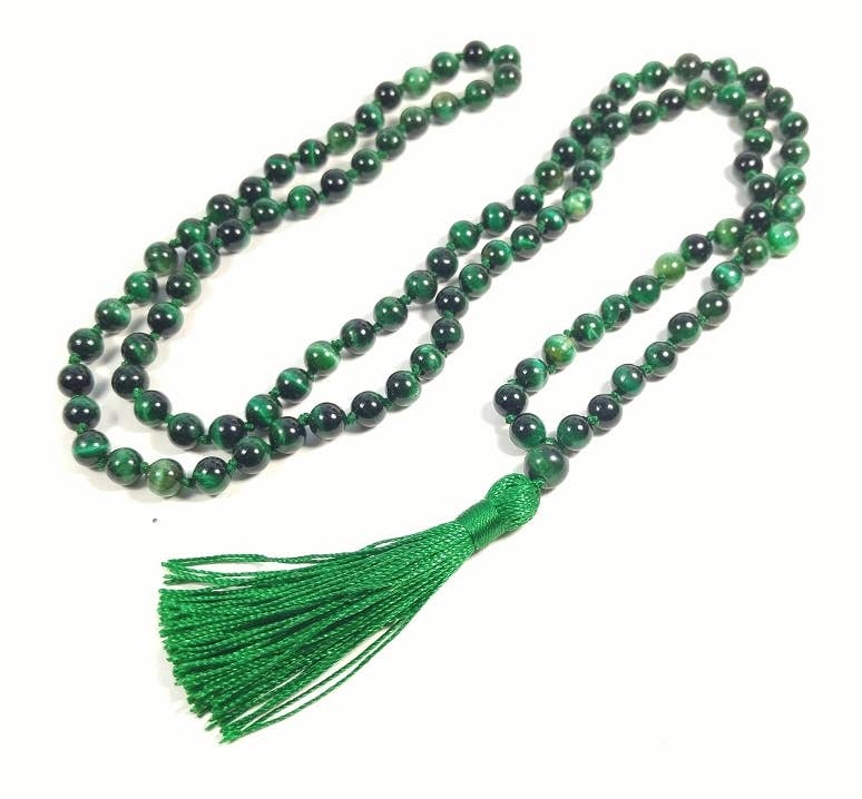 Green Tiger's Eye 108 Bead Mala Prayer Necklace - 8mm Gemstone Meditation Beads for Yoga, Mindfulness & Spiritual Healing