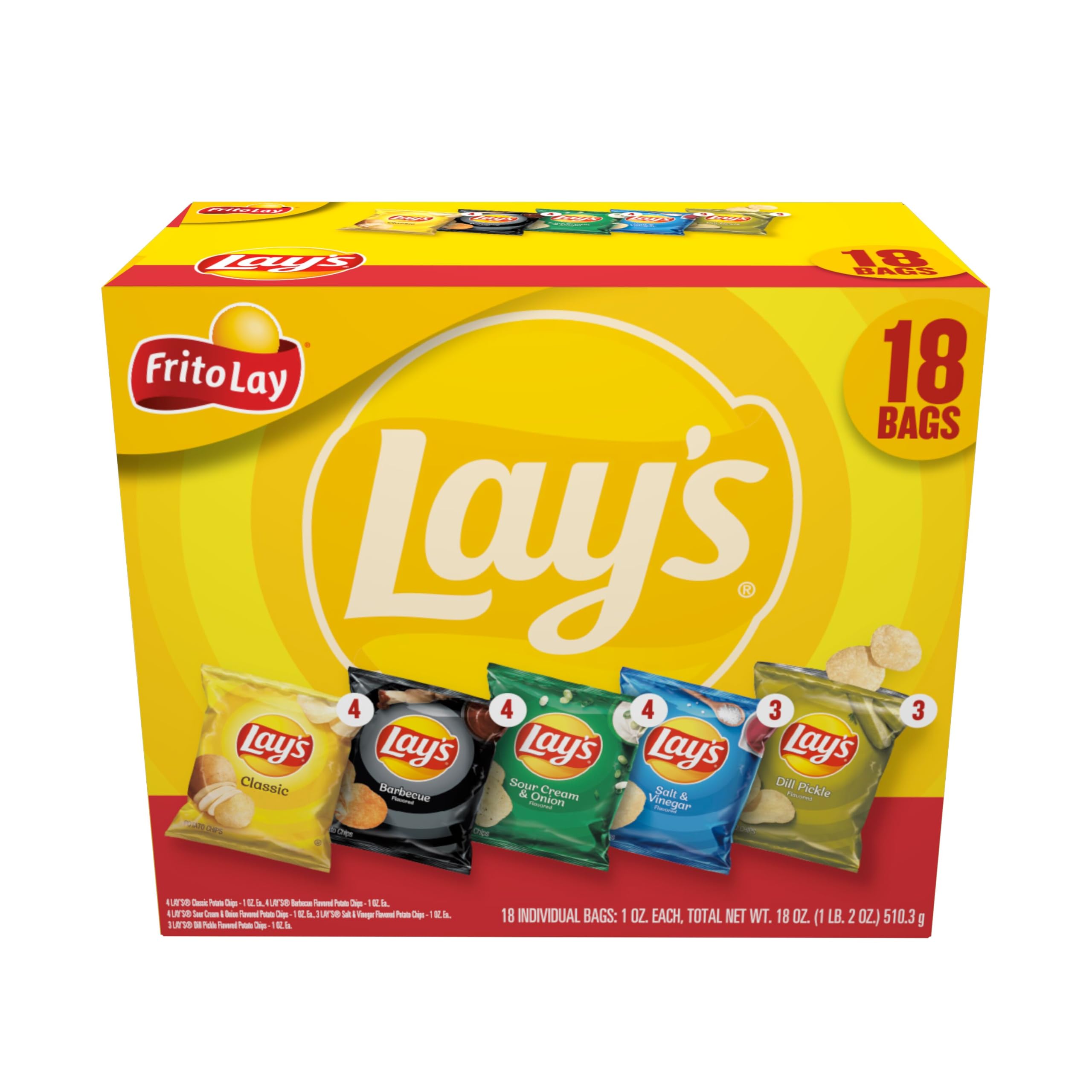 **Lay's Potato Chips Variety Pack (18 Count) – 5 Flavor Assortment – 1 oz Single Serve Bags – Perfect for Lunchboxes, Parties & On-the-Go Snacking – Frito Lay Snacks**