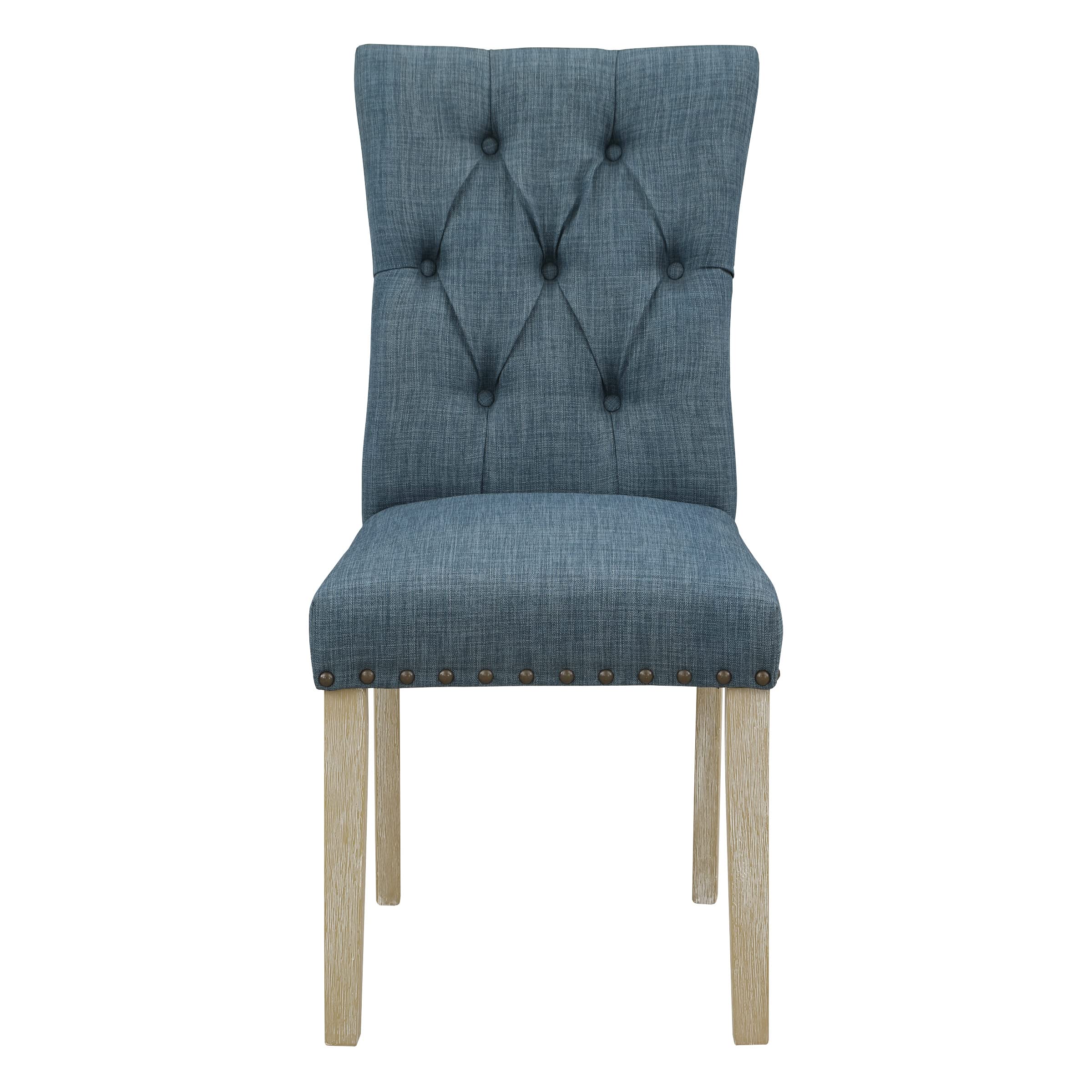 OSP Home Furnishings Preston Dining Chairs 2-Pack - Button Tufted Back, Antique Bronze Nailhead Trim, Indigo Fabric Upholstery - Elegant Kitchen & Dining Room Furniture Set for Home Decor