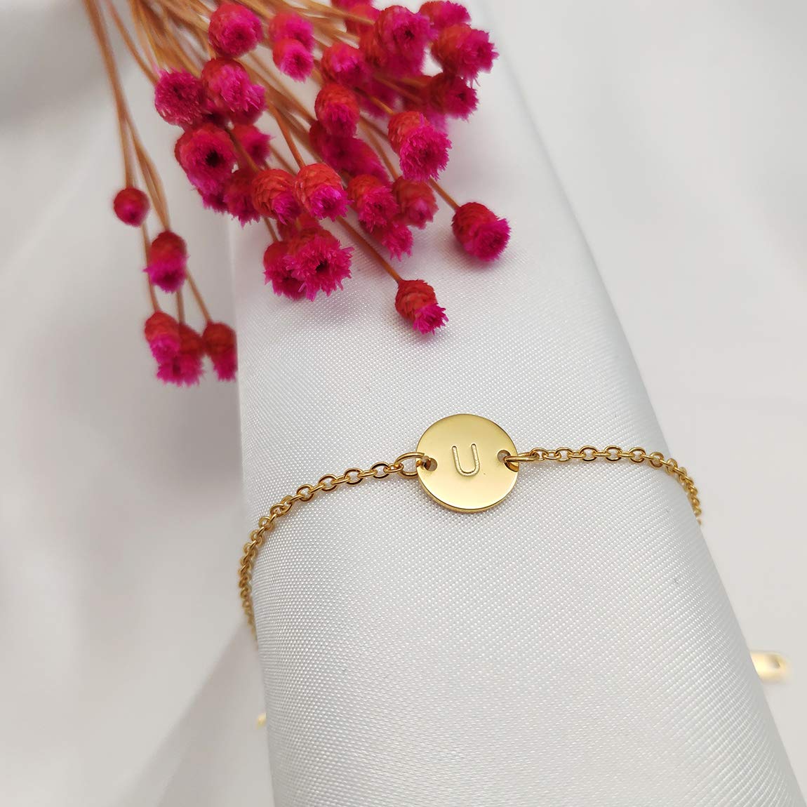 Personalized Initial Bracelet for Women - 18K Gold Plated Stainless Steel Letter Charm Bracelet with Dainty Coin & Disc Nameplate - Perfect for Gifts, Anniversaries, Birthdays and Everyday Elegance