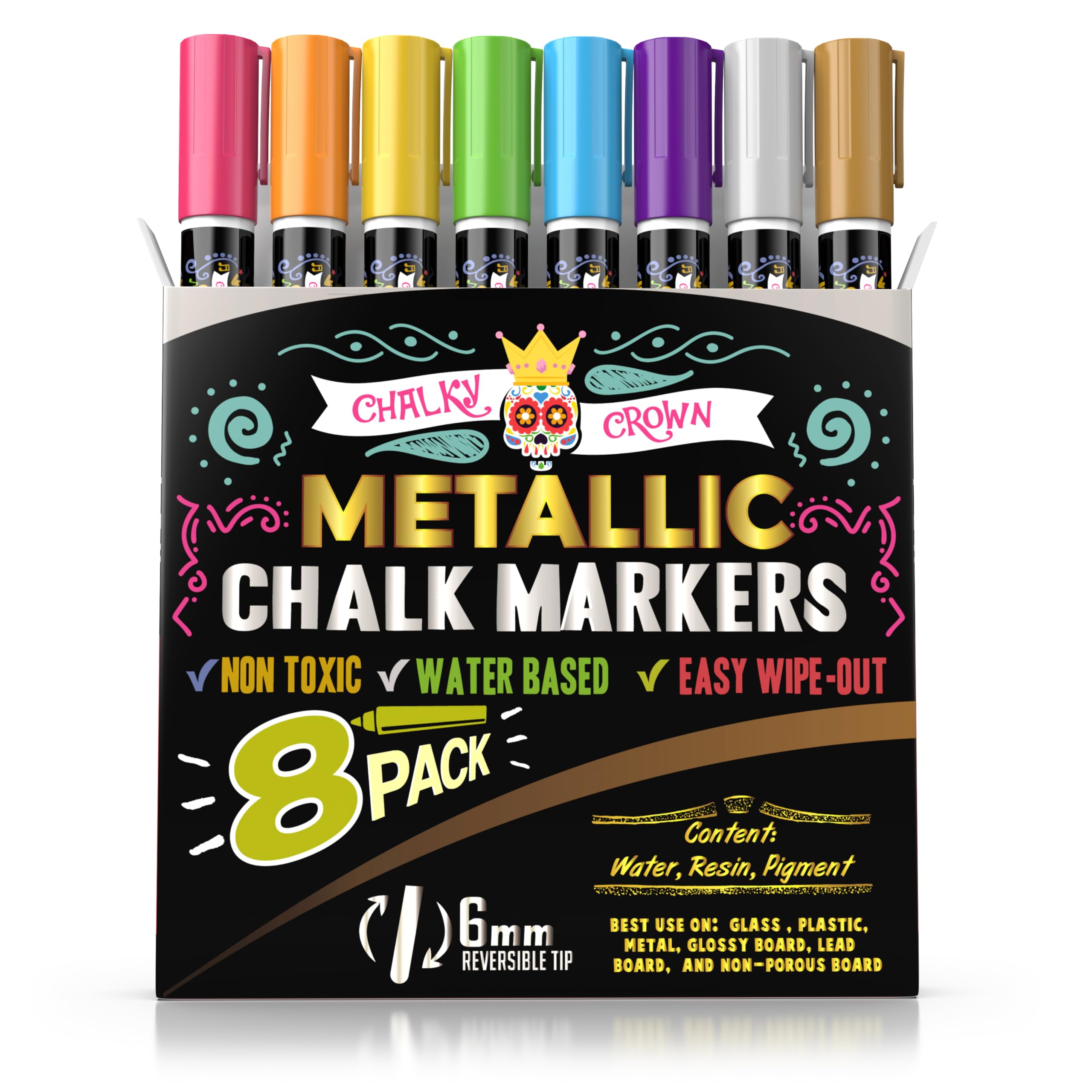 CHALKY CROWN Metallic Liquid Chalk Markers 8 Pack - Reversible Bullet & Chisel Tip Whiteboard Markers for Blackboard, Glass, Mirrors - Non-Toxic, Dust-Free Chalkboard Pens - Perfect for Restaurants, Classrooms & DIY Art Projects