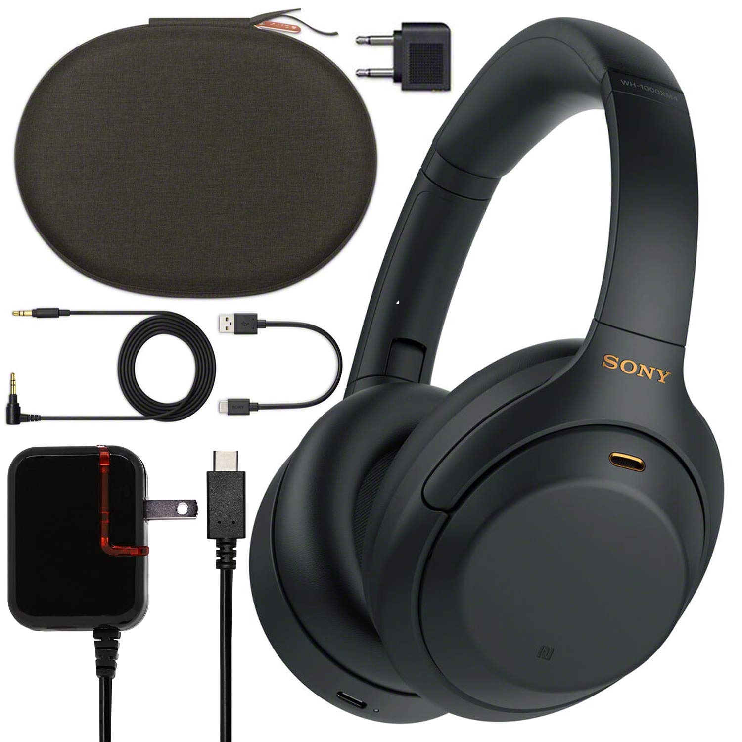 Sony WH-1000XM4 Wireless Noise Cancelling Over-Ear Headphones with Hi-Res Audio - Black (WH1000XM4/B) Bundle Includes Wall Charger & USB-C Cable - Perfect for Travel, Work & Music Lovers