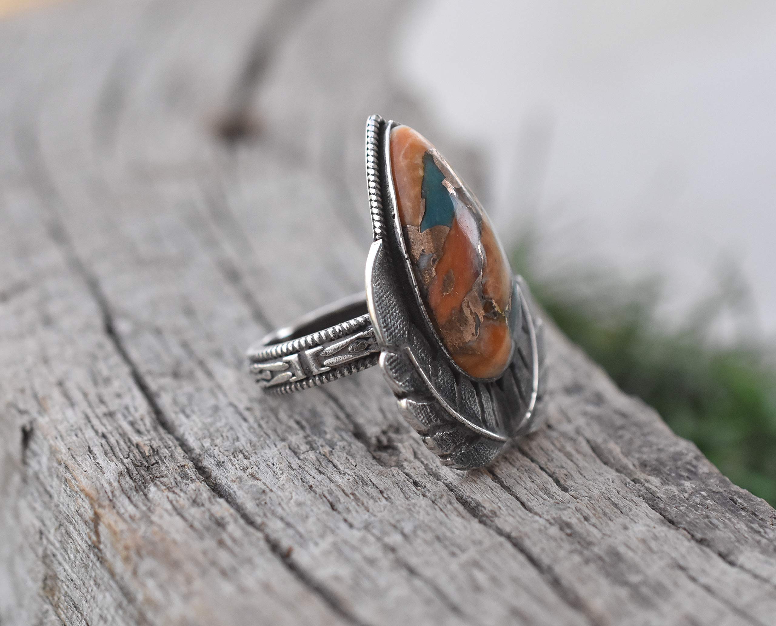 Vintage Handmade 925 Sterling Silver Oyster Copper Turquoise Ring - Boho Hippie Jewelry, Spiny Turquoise Birthstone Ring for Women, Perfect Birthday Gift (TQ-15) | Ideal for Boho Fashion, Hippie Style & Everyday Wear