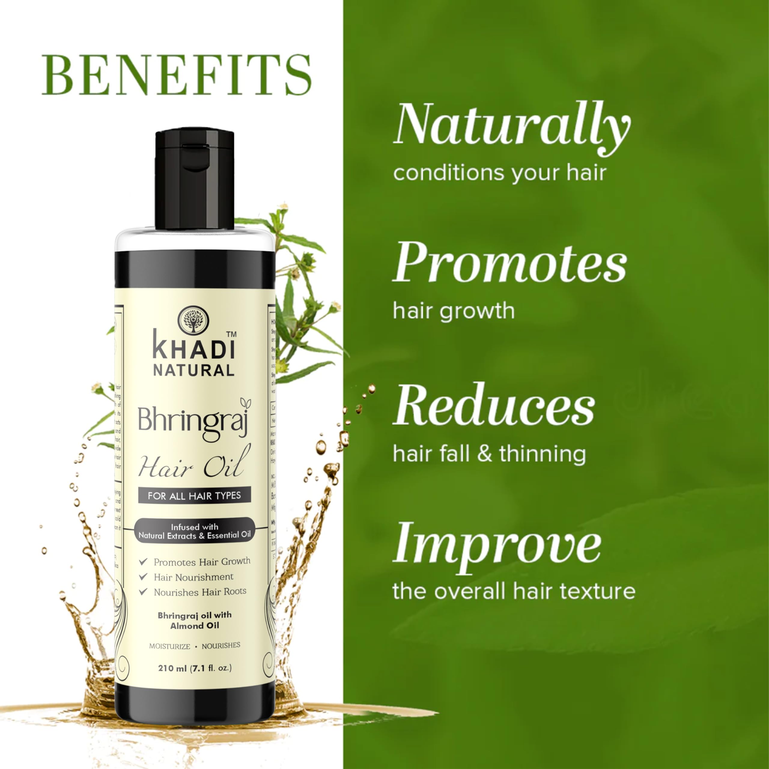 Khadi Natural Bhringraj Hair Oil 210ml - Organic Ayurvedic Hair Growth Treatment for Dry, Damaged & Thinning Hair - Strengthens & Nourishes All Hair Types - Best for Scalp Massage & Night Hair Care Routine