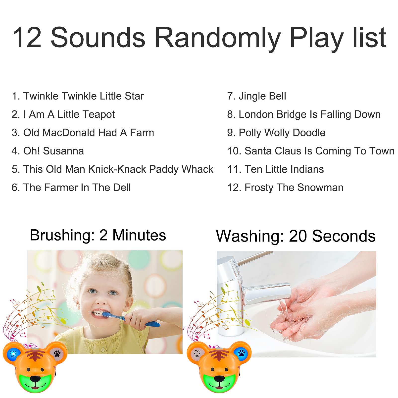 LUXSWAY Cute Animal Toothbrush Timer for Kids - 2 Minute Musical Timer with LED Light & 20-Second Hand Wash Training - Rechargeable Visual Timer (Tiger Design) - Perfect for Bathroom & Kids' Dental Hygiene Routine