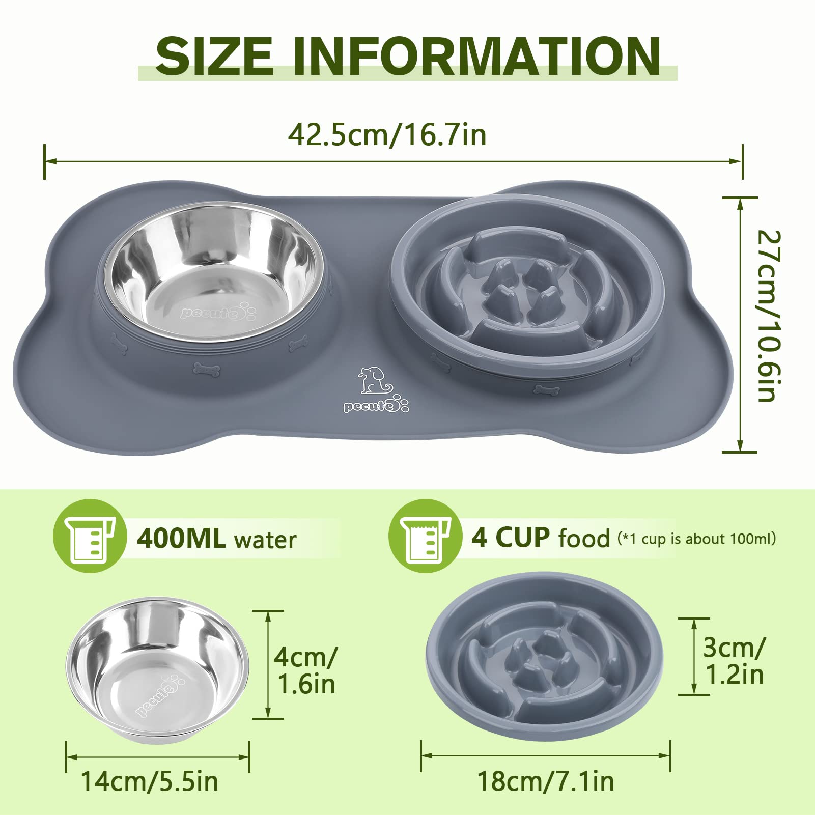 Pecute Slow Feeder Dog Bowls - Non-Spill Stainless Steel Pet Food & Water Bowl with Anti-Skid Silicone Mat | Food-Grade Safe for Fast Eaters | Perfect for Mealtime Anxiety & Digestive Health in Dogs & Cats