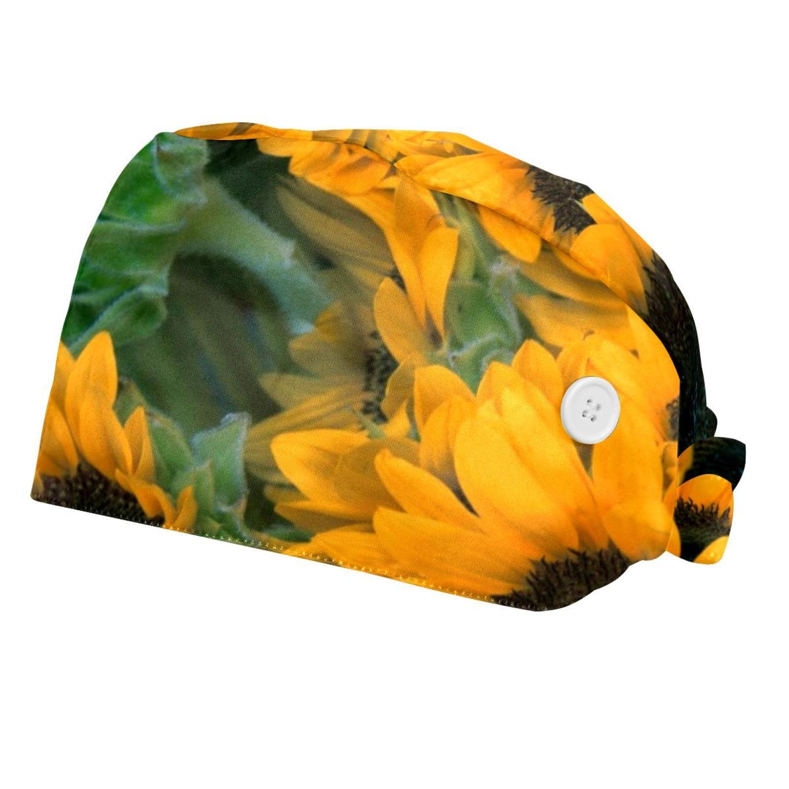 2 Pack Adjustable Working Caps with Buttons & Sweatband - Unisex Surgical Hats for Women & Men - Floral Sunflower Design - Perfect for Hospitals, Labs, Gardening & Outdoor Activities