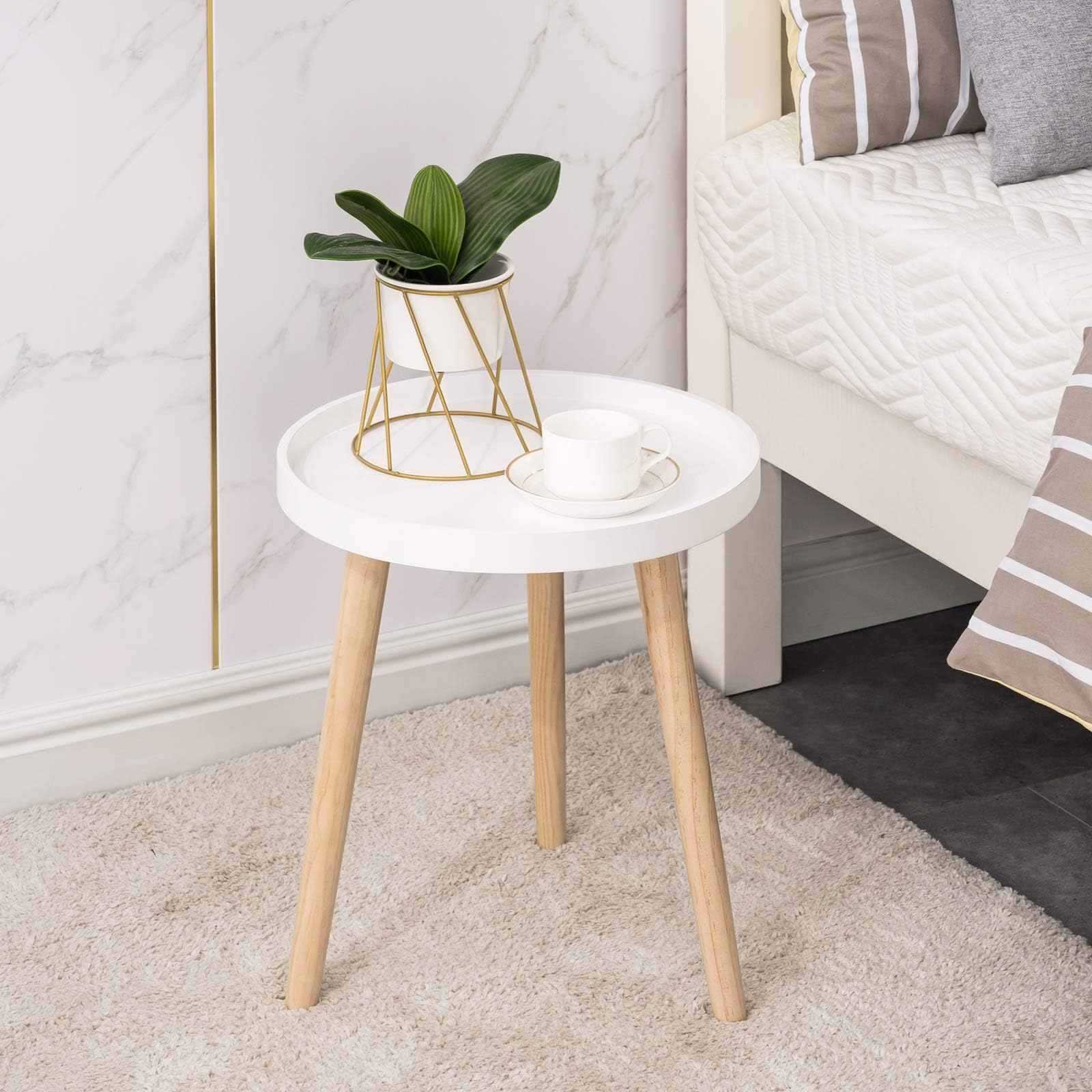 Apicizon Round Side Table with White Tray - 15 x 18 Inch Nightstand, Coffee End Table for Living Room, Bedroom & Small Spaces - Easy Assembly Bedside Table for Home Decor, Studio Apartments & Dorm Rooms