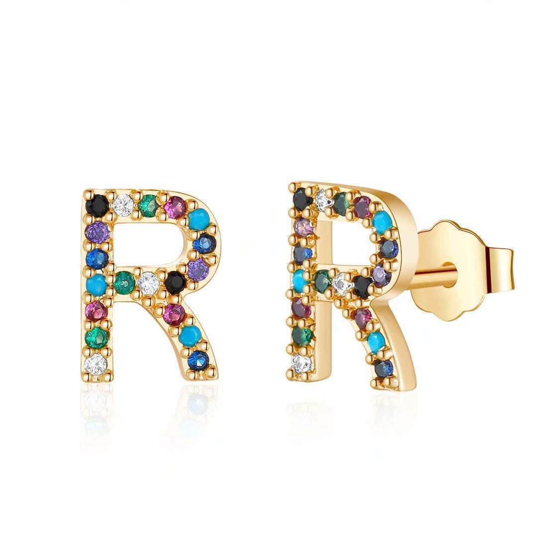 Hypoallergenic 925 Sterling Silver Initial Stud Earrings for Women & Girls - Gold Plated Rainbow Cubic Zirconia Letter Earrings - Perfect Jewelry Gift for Birthdays, Anniversaries & Everyday Wear