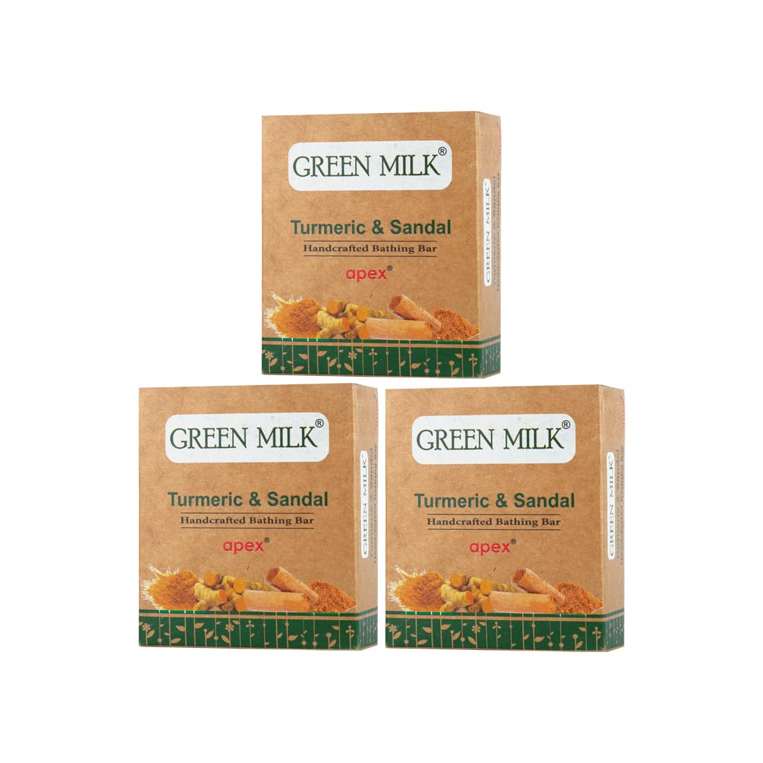 Organic Green Milk Turmeric & Sandalwood Handmade Soap Bar - Natural Skin Cleansing for Sensitive Skin - Pack of 3 - Perfect for Daily Bathing, Spa Days & Ayurvedic Self-Care Rituals
